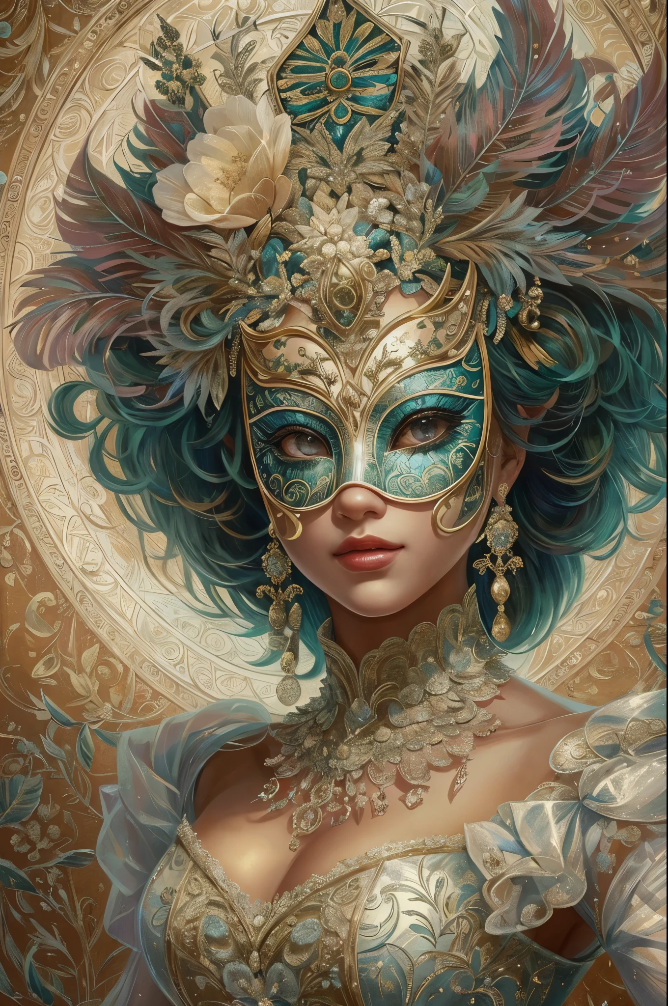 Generate a proud, beautiful woman from the 18th century wearing a stunning and intricately detailed silk ballgown adorned with lace and jewels. She is in the midst of an elegant masquerade ball and surrounded by music, royal decor, and expensive details. ((The woman is holding an exquisite and ornate masquerade mask inspired by fantasy mythology.)) Her face is intricately detailed and realistic with puffy lips and a big mouth. Important: her eyes are important and are beautiful, with many realistic details, realistic shading, and multiple colors and shades. The setting is a magnificent masquerade ball, where aristocrats, socialites, and mysterious guests from far-flung lands gather for an unforgettable evening. From Venetian masks to elaborate feathered creations, each guest's disguise reflects their unique persona and unspoken desires. As the evening progresses, the masks become both a symbol of concealment and revelation, allowing attendees to reveal parts of themselves they might otherwise keep hidden. Immerse yourself in the allure of this 19th-century masquerade ball, where the elegance of a bygone era and the mystery of the masks combine to create an enchanting experience that will linger in your heart forever. Utilize dynamic composition to interest viewers. (((masterpiece))), intricate, elegant, highly detailed, majestic, digital photography, art by artgerm and ruan jia and greg rutkowski, (masterpiece, finely detailed beautiful eyes: 1.2), hdr, realistic skin texture, (((1woman))), (((solo)))