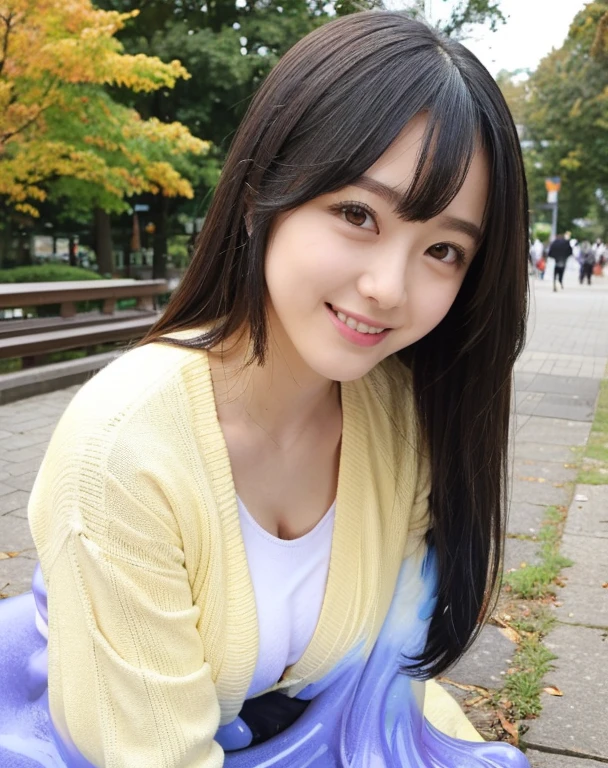 knitted sweater jacket,(Big boobs:1.2),cleveage,穿Black underwear,black slime shapeshifter,looking at the audience,Smile, Black underwear、cleveage,Long hair ,Pretty Face,cute appearance,confident girl,Slime with melted lower body,In the park,There are many maple leaves,autumn,
