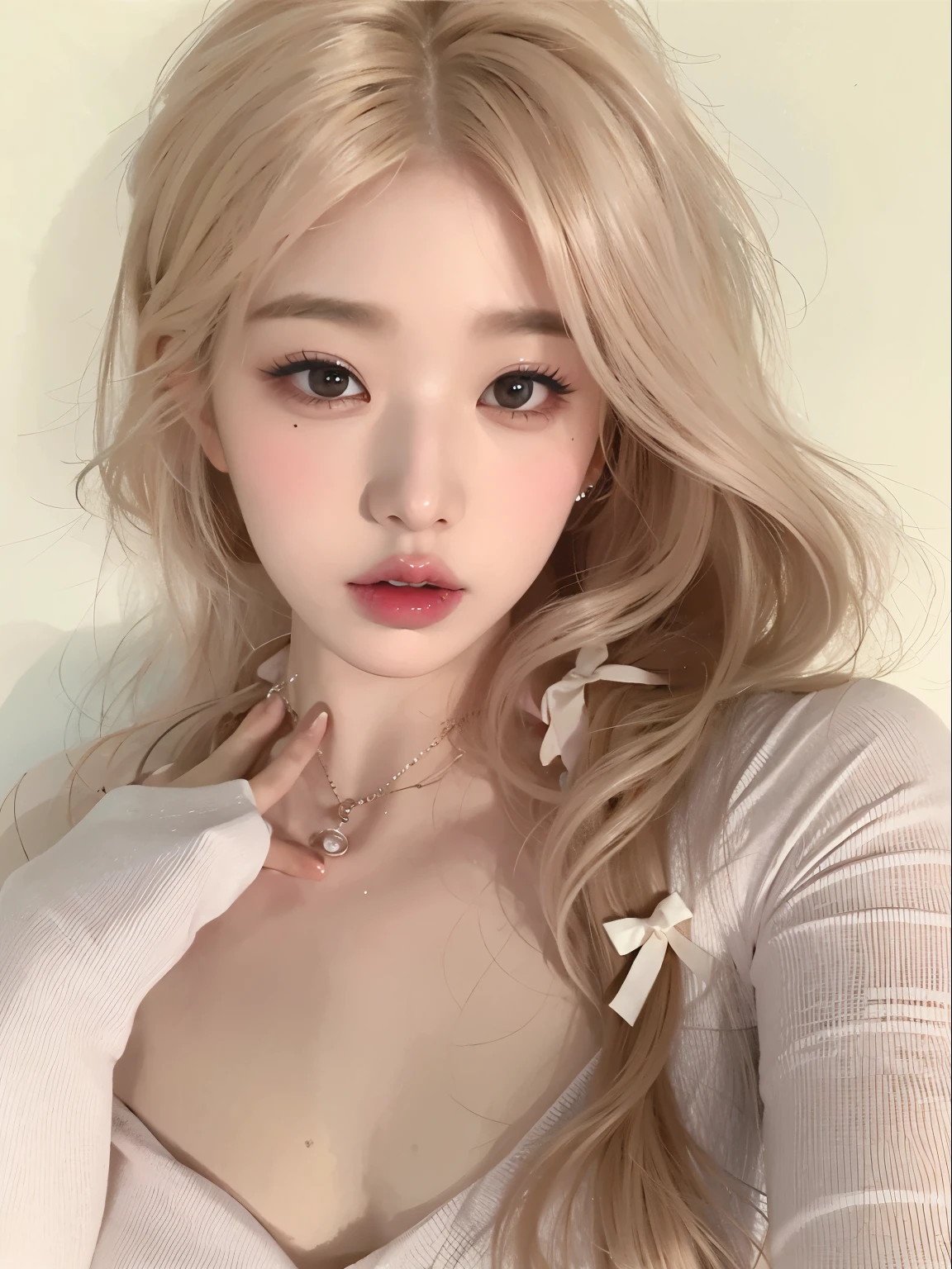 Blonde woman with long hair holding a white cell phone, retrato de kim petras, maquillaje popular de corea del sur, Retrato de Jossi de Blackpink, Parque Roseanne de Blackpink, ulzzang, maquillaje coreano popular, cruel korean gothic girl, ava max, con el pelo largo y blanco, inspirado en Yanjun Cheng, bella delfina, kim taejin