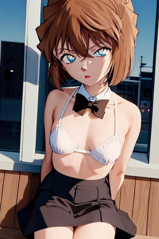 Haibara ai wearing sexy school unifrom in class room, wind will blow her skirt and see her white pantie,(white pantie), (small breasts),(Not wearing a bra),