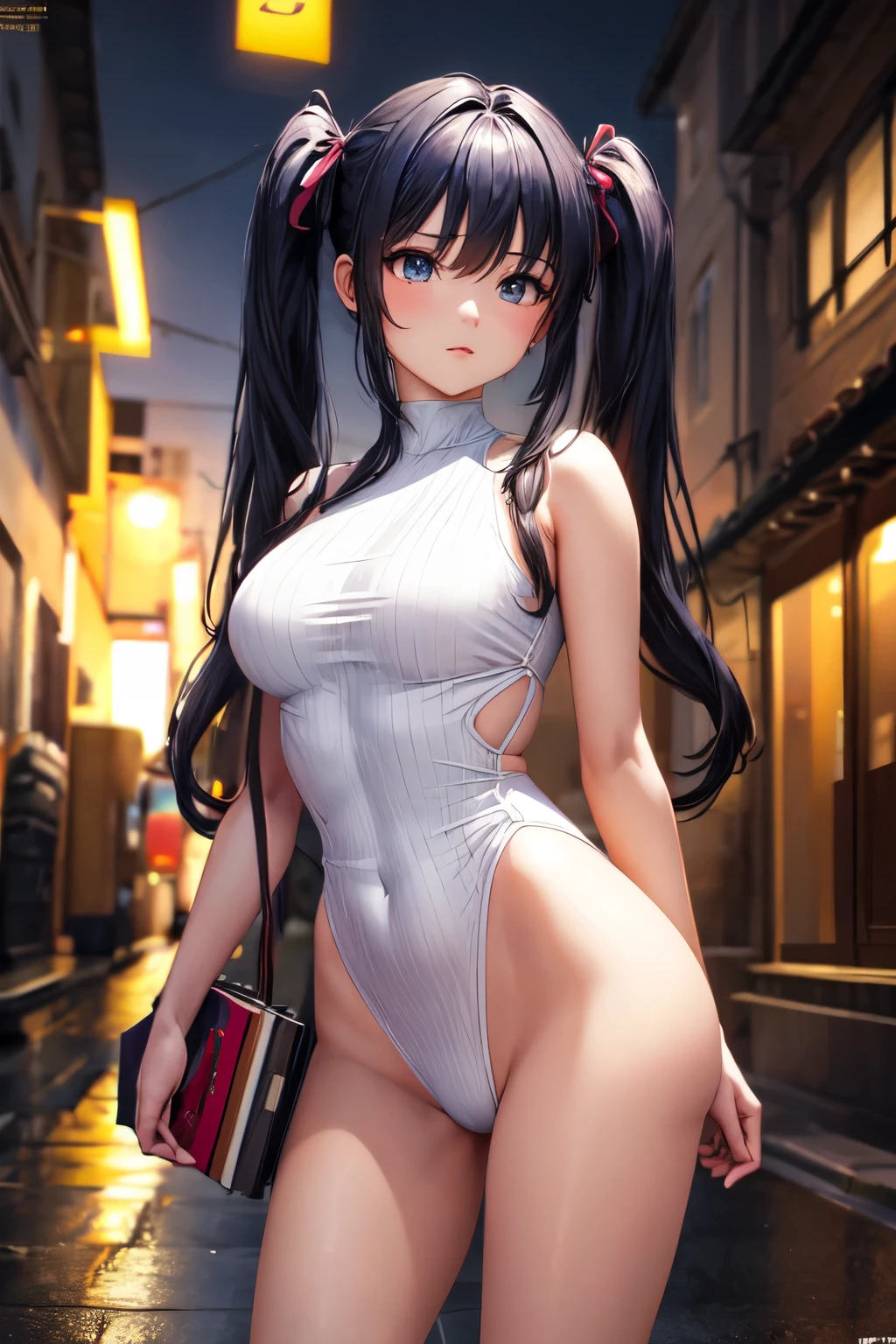 obra de arte, melhor qualidade, HuTaoV4, 1 garota de 23 anos, Sozinho, corar, twintails, Cabelo longo, cabelo entre os olhos, bunda grande, ((roupas de rua)),roupas molhadas, saia curta, cidade, ao ar livre, noite, 8K extremamente detalhado, suave, high resolution, ultra qualidade, cinematic lighting, Ambient Occlusion, High definition, 2k, 4K, 8k, 16K, anime extremamente detalhado, rostos detalhados, perfect composition, plano amplo, Atmospheric lighting, saia elevadora, muito sexy, toda molhada