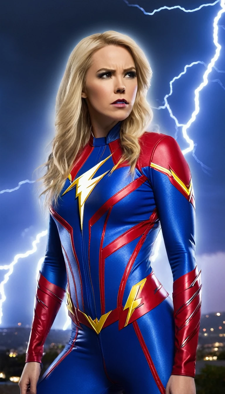 a woman with long, blond hair stands in front of a lightning-inspired background. She's dressed in a tight-fitting blue and red bodysuit with a lightning bolt symbol, suggesting that she could represent a Flash-inspired superhero, due to the specific logo and color palette of her attire. Her muscular shoulders are visible, and she has a serious expression on her face. The atmosphere of the image is charged with electric energy, complemented by lightning elements that seem to emanate from around her, contrasting with the dark brown background.