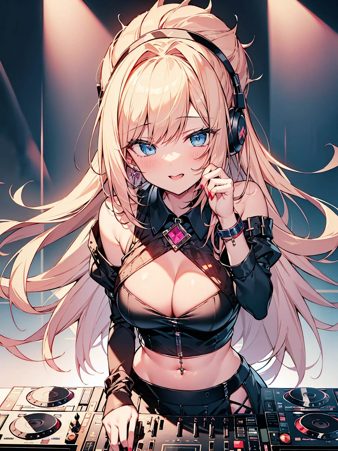 highest quality、masterpiece、4K、Long blonde hair、Slanted Eyes、blue eyes、DJ gal、pink off shoulder clothes、Cleavage、Have many ear piercings、Belly button piercing、bracelet、Lots of accessories、Headphones are hanging around your neck、Pink Lips、Large Breasts、Short skirt、Knee-high boots、A girl playing DJ、Lots of neon、Sticking out tongue、Red nails、Nightclub