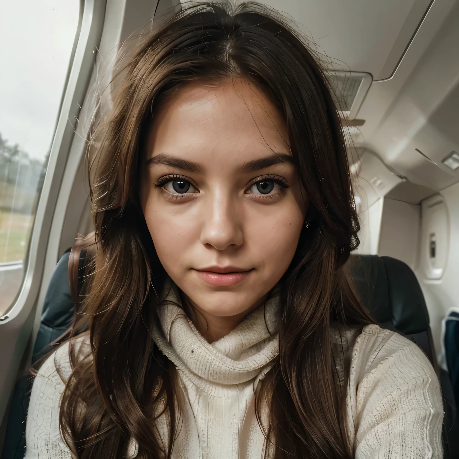 25 year beautiful polish girl, brown long hair, green eyes, no makeup, friendly face, all-natural, natural lighting soft lighting, selfie, amateur shot, on airplane
