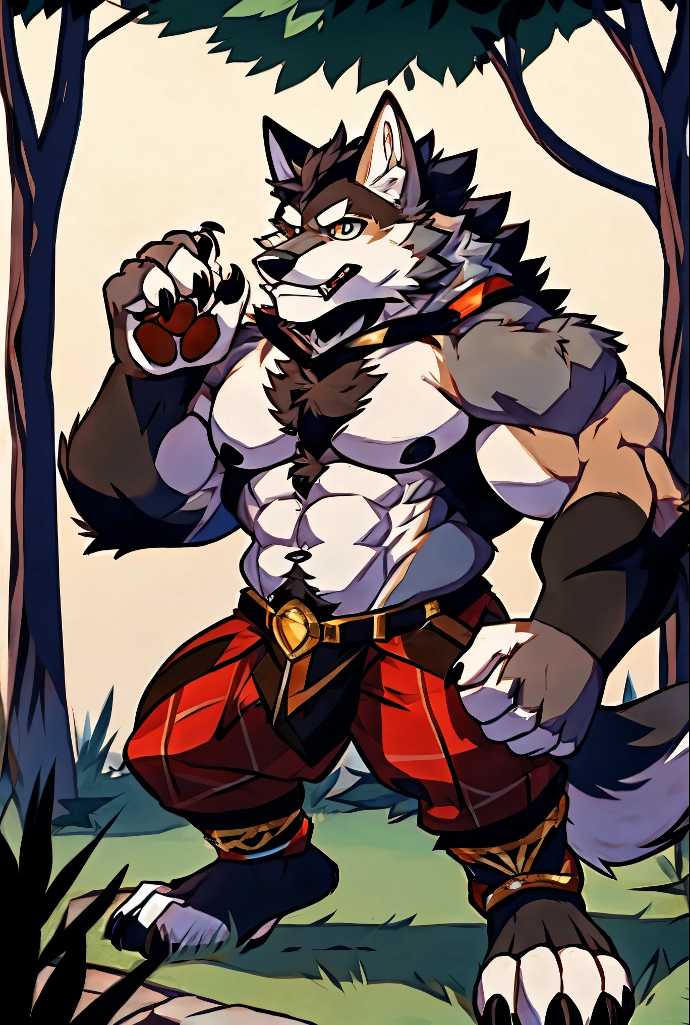 Human-wolf,musculous,Hairy all over,clawed paws,erect through