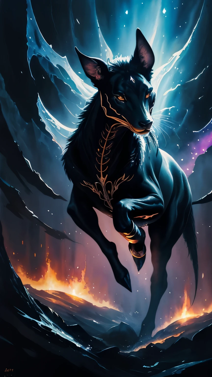 fusion of oil painting and watercolor painting, best quality, super fine, 16k, incredibly absurdres, extremely detailed, delicate, flashy and dynamic depiction, a work of art depicting several kinds of black creatures, cool, cute, complete darkness, a ray of light, and a variety of shades and gradations