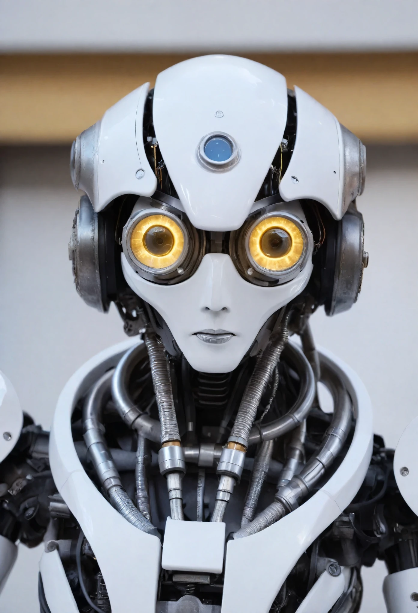 Conceive a cinematic, film-style image of an alien robotic figure wearing a distinctive helmet with a rusted and worn look.
The robot’s large, circular eyes should be illuminated, casting an eerie and mysterious glow.
Its body should be intricately detailed with mechanical parts, gears, and tubes, conveying a sense of advanced technology mixed with the passage of time.
The materials used in its construction should appear aged, as if the robot has seen many years of service or has been discovered in an ancient, forgotten place.