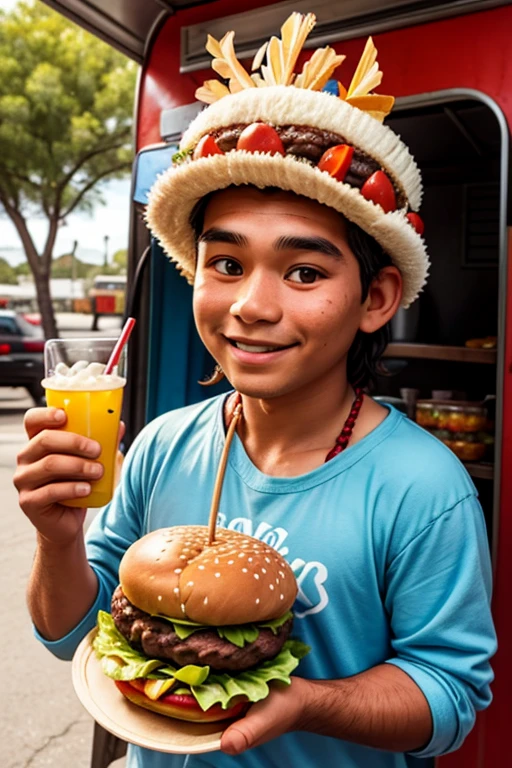 make an indigenous man wearing a headdress happy eating a very tasty and big burger in a food truck