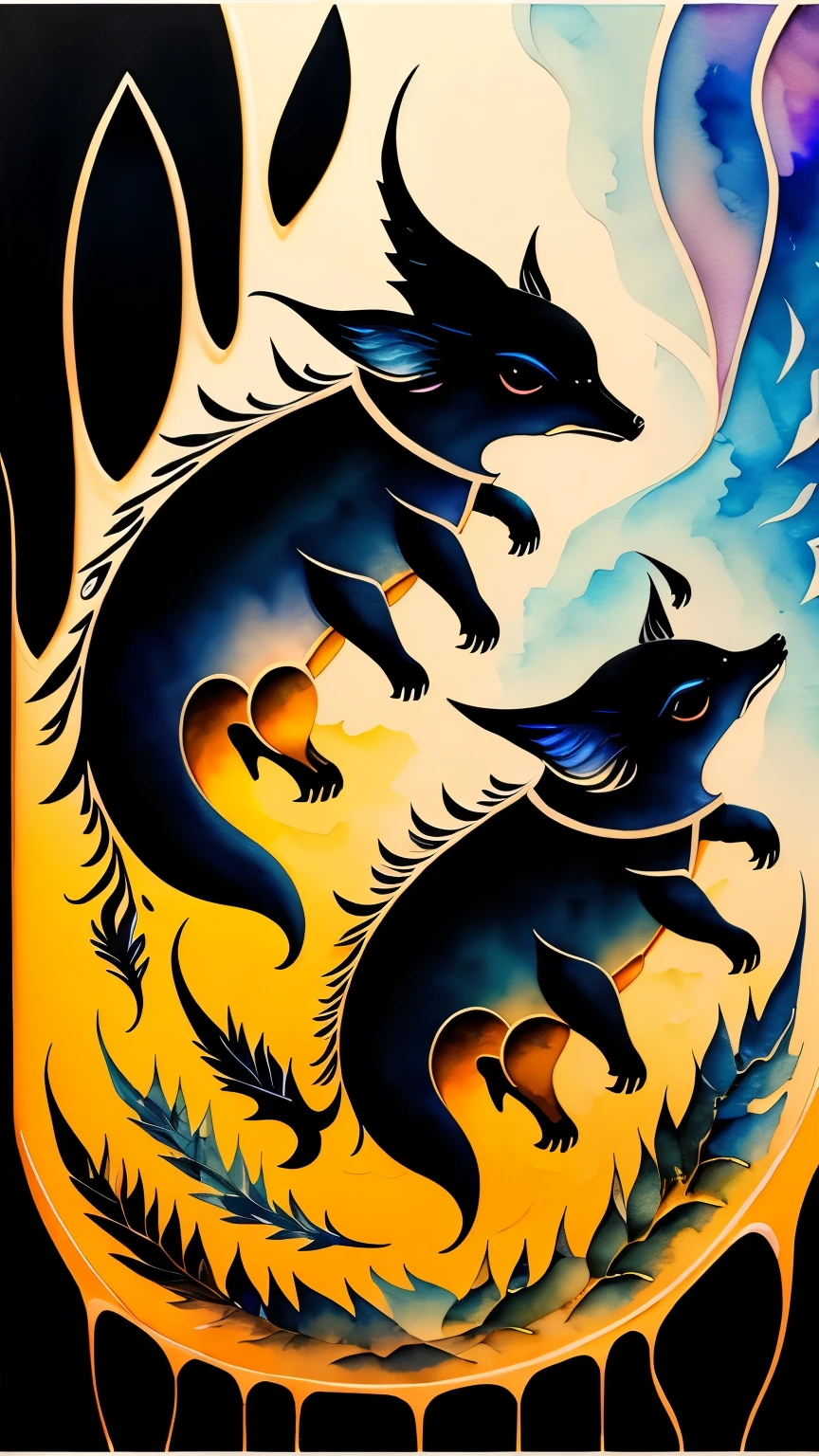 fusion of oil painting and watercolor painting, best quality, super fine, 16k, incredibly absurdres, extremely detailed, delicate, flashy and dynamic depiction, a work of art depicting several kinds of black creatures, cool, cute, complete darkness, a ray of light, and a variety of shades and gradations