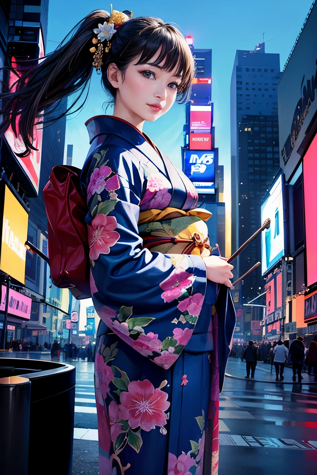 ((highest quality))、(masterpiece)、(detailed)、Perfect Face、'((A woman wearing a kimono))、Age 35、Inspired by that?、((new yorkの街角))、(((new york、Times square、blue sky)))