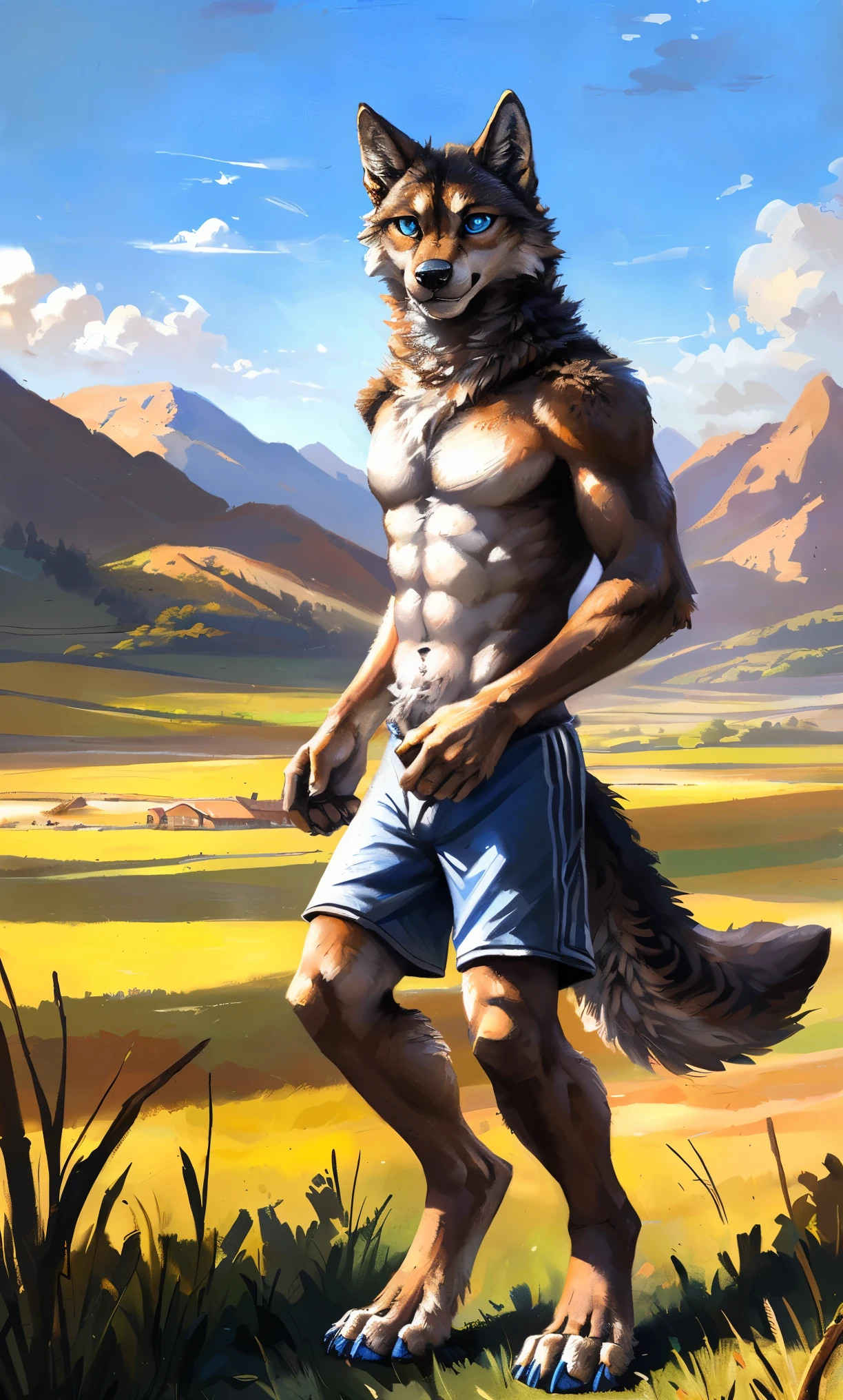 ((Solo)), male people, anthro wolf, (Multi-colored fur, White-brown:1.3，White tail pointed), (Height 2.1m,Tail length 1.2m), ((Wolf face, Big eyes, White eyelids, Blue pupil, Slim:1.2) (Tough, Calm expression:1.2)), Abs, Slim, pinging)), (Correct anatomy), (Work shorts:1.1), The upper body  naked, (detailed outfits),A long big tail，Feet，(Realistic fur, Detailed fur texture, labeled:1.3)), (Natural lighting), Photorealistic, Hyperrealistic, ultradetailed, by Kenket，Field，erect through，Running on