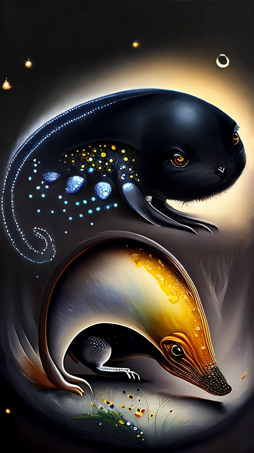 fusion of oil painting and watercolor painting, best quality, super fine, 16k, incredibly absurdres, extremely detailed, delicate, flashy and dynamic depiction, a work of art depicting several kinds of black creatures, cool, cute, complete darkness, a ray of light, and a variety of shades and gradations