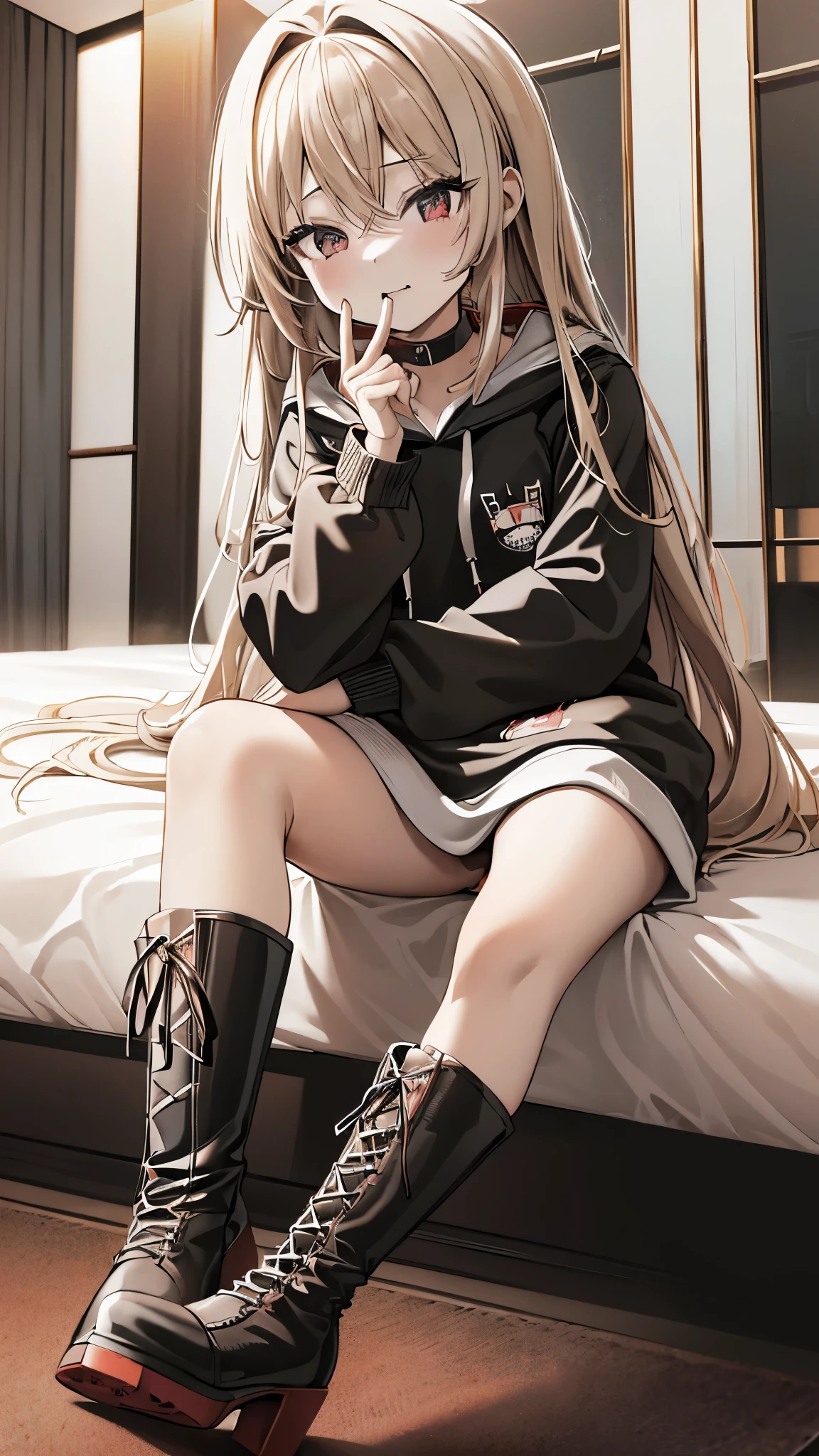 blonde、girl、Long Hair、ultra-detailed , best quality, high resolution, master piece ,beautiful eyes, cute、lovehotel,((((sitting on a bed)))), black and White hoodie、Red and black hoodie、White hoodie、((black platform boots))、perfect finger、(((boots focus))),the soles of the boots,floor on red carpet,