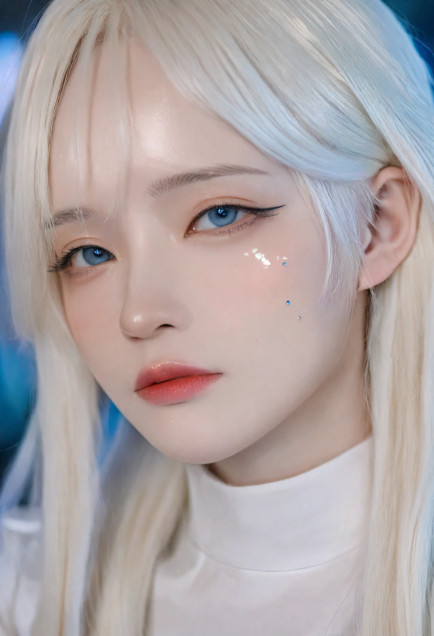 Create a cyberpunk-themed portrait of a girl with albinism, featuring silver long hair and blue eyes, her eyes closed in a contemplative pose.
Focus on her upper body, capturing the detail of her parted lips and freckles, emphasizing the science fiction aspect with android and mechanical parts integrated seamlessly into her appearance.
The image should be a highly detailed and majestic 8K photo, utilizing digital photography techniques to enhance the realism and definition.
Incorporate broken glass and sidelighting to add depth and create a masterpiece with finely detailed, beautiful eyes that are the focal point.
The overall composition should be dreamlike, mysterious, and provocative, with symbolic intricacies that make the image both detailed and visually compelling.