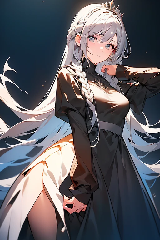 masterpiece, best quality, portrait, 1 adult woman, black background with a gray gradient from the bottom, long hair, clothes are a tight dress, white light comes from above, holds her hands behind her head, looks straight at the camera, Style is a black and white sketch image, she wears a tiara and has royal decorations, serious and cold eyes, small breasts
