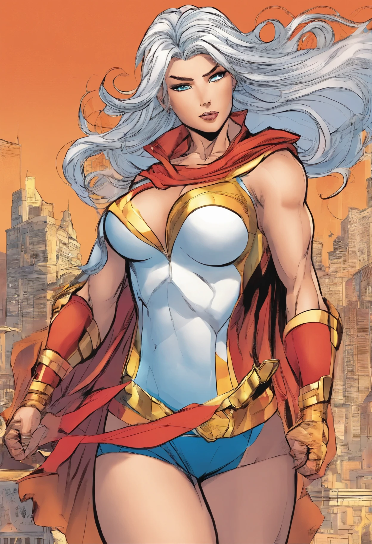 Animes style, muscular female , huge breast original superheroic costume