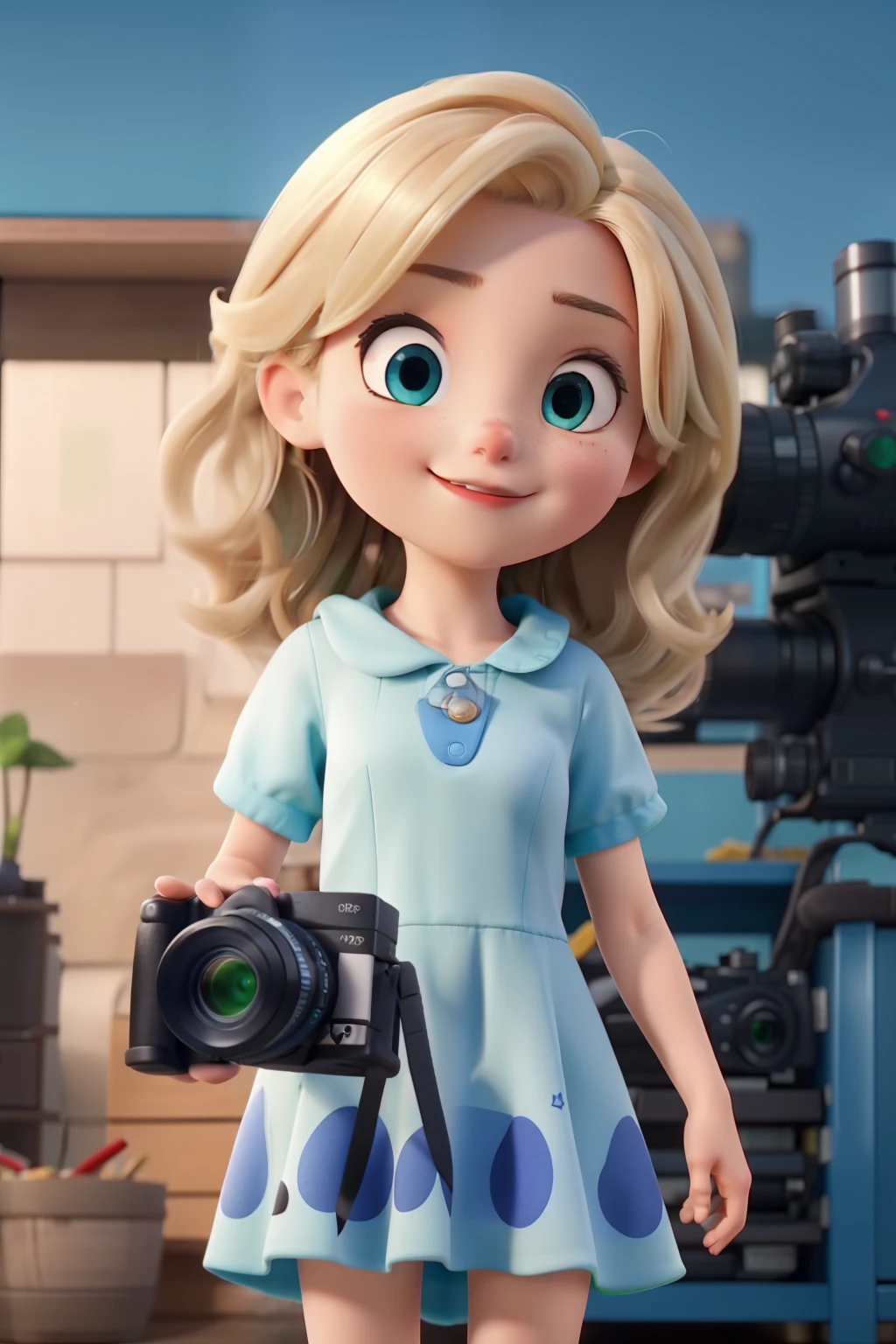 a girl shoots a film on a video camera, blond hair, blue eyes, green dress