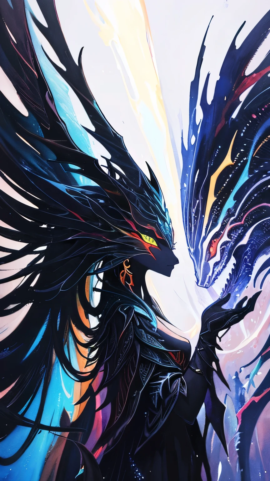fusion of oil painting and watercolor painting, best quality, super fine, 16k, incredibly absurdres, extremely detailed, delicate, flashy and dynamic depiction, a work of art depicting several kinds of black creatures, cool, cute, complete darkness, a ray of light, and a variety of shades and gradations