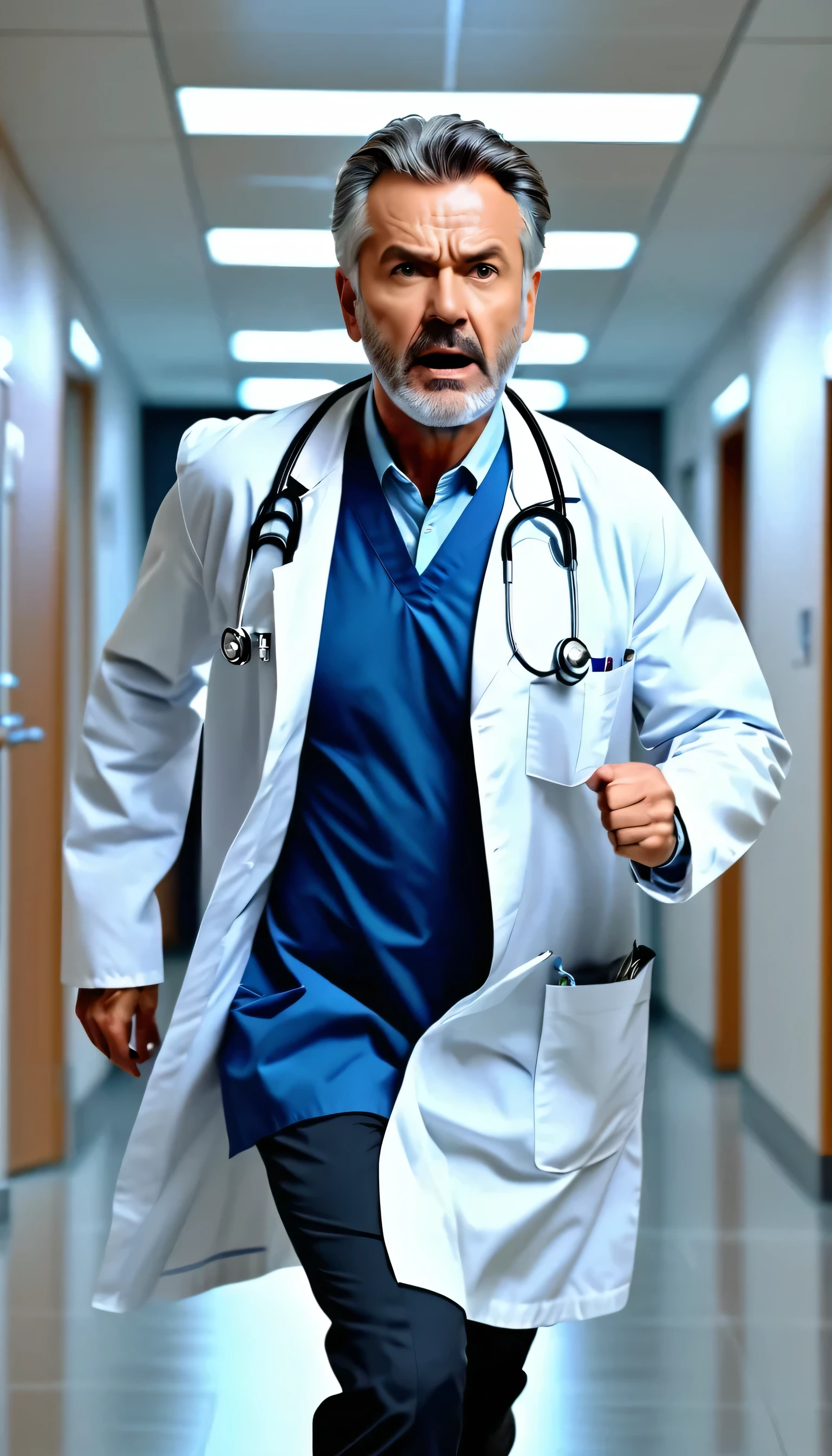 Top Quality, Masterpiece, close shot of middle aged sad doctor running into hospital corridor, sad expressions(Photorealistic Photos:1.3), (High Detail Skin:1.2), 8K UHD, DSLR, High Quality, High Definition, 4K, 8K, (Real: 1.3)