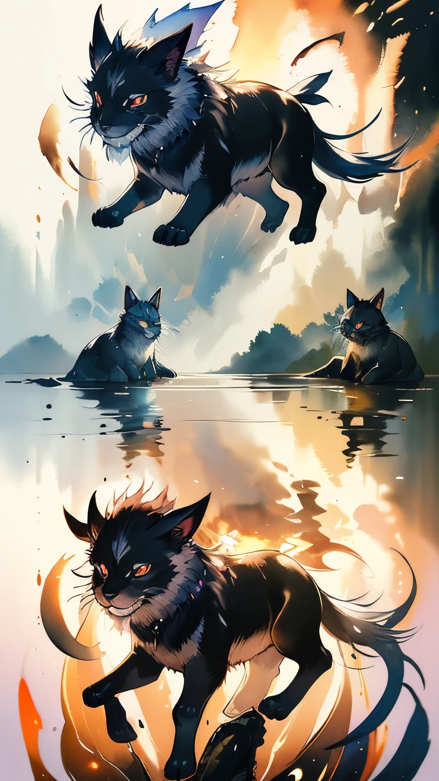 fusion of oil painting and watercolor painting, best quality, super fine, 16k, incredibly absurdres, extremely detailed, delicate, flashy and dynamic depiction, a work of art depicting several kinds of black creatures, cool, cute, complete darkness, a ray of light, and a variety of shades and gradations