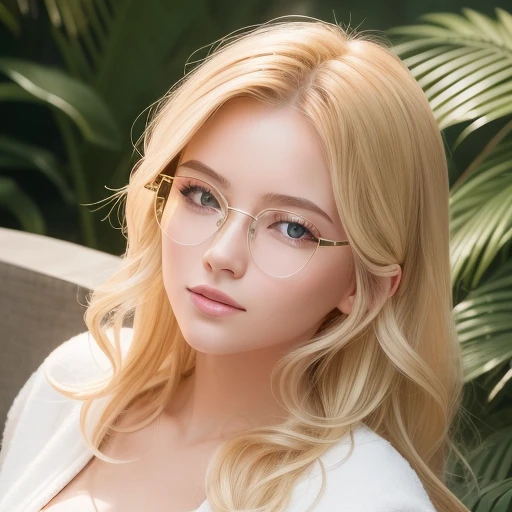 (Blonde beauty in glasses, relaxing at a spa, ultra-high definition, photorealistic: 1.5, 1 woman, white robe, blonde hair in loose curls, wearing sunglasses with gold frames, reclined position, soothing background with greenery and water elements, detailed facial features with rosy cheeks and slight lip glow, calm expression, high-quality image, masterpiece, 4K resolution)