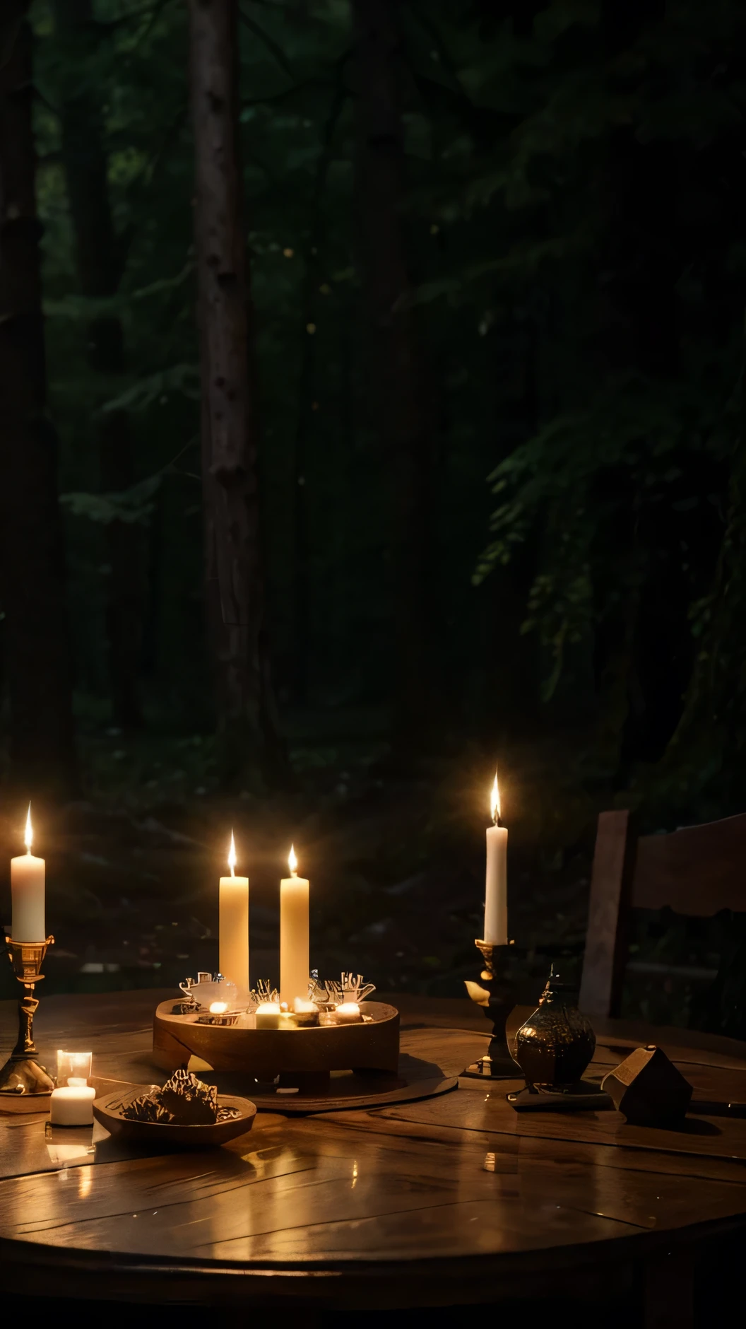 Background image with soft and mysterious tones, in a misty forest . In the center, a wooden table with a tarot card focused, surrounded by lit candles and crystals. Around the table, an witch figure with outstretched hands, suggesting a spiritual consultation.]