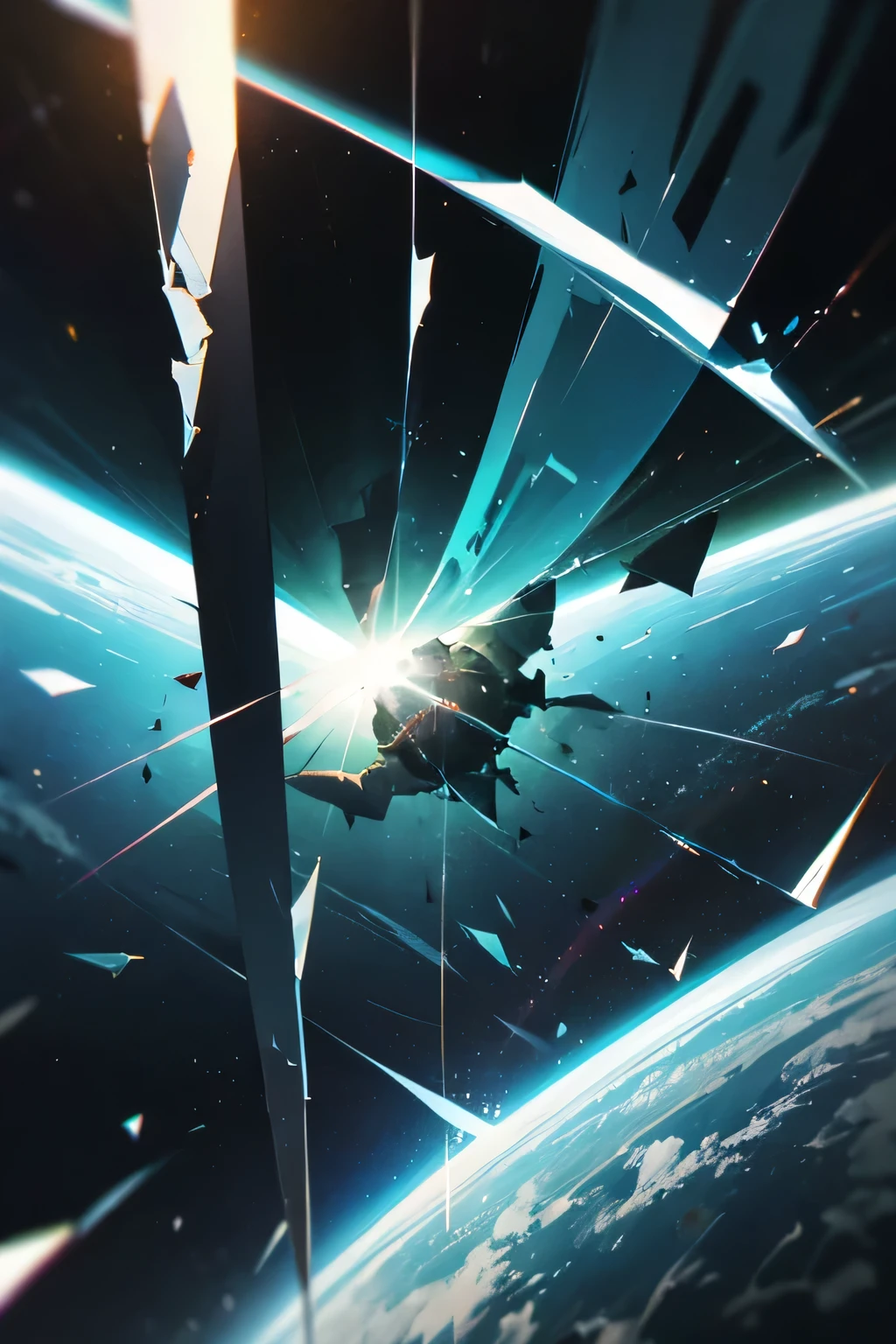 Light teal blackhole in space shattering reality and creating rift crack in reality with glass shards flying around