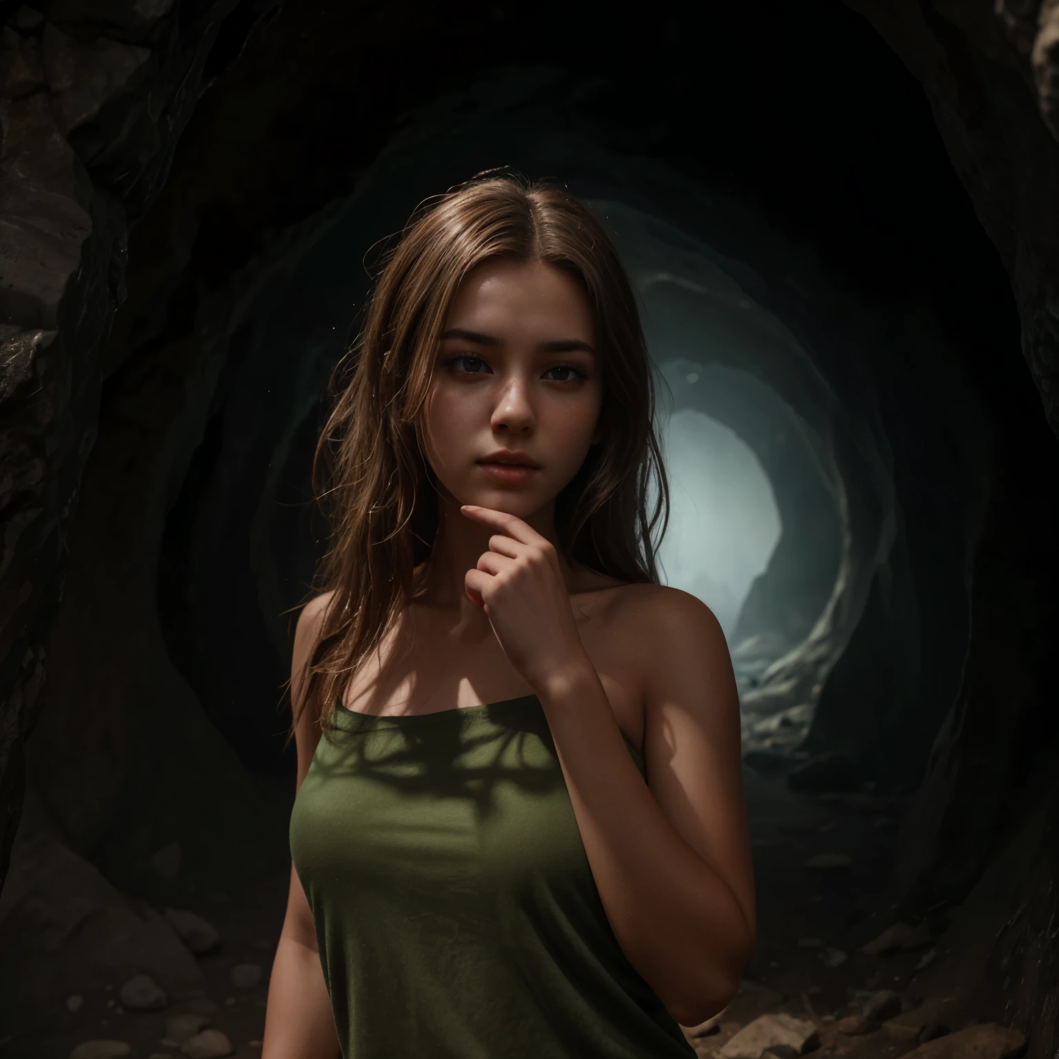 A young woman, 18 years old, tan skin, amber eyes, light brown hair, ultra-realista de 8k, cinematic lighting, Realistic hands, Wide angle. isometric, green fog in the cave, smoke around, Ultra realistic, 16K, melhor qualidade, high resolution.