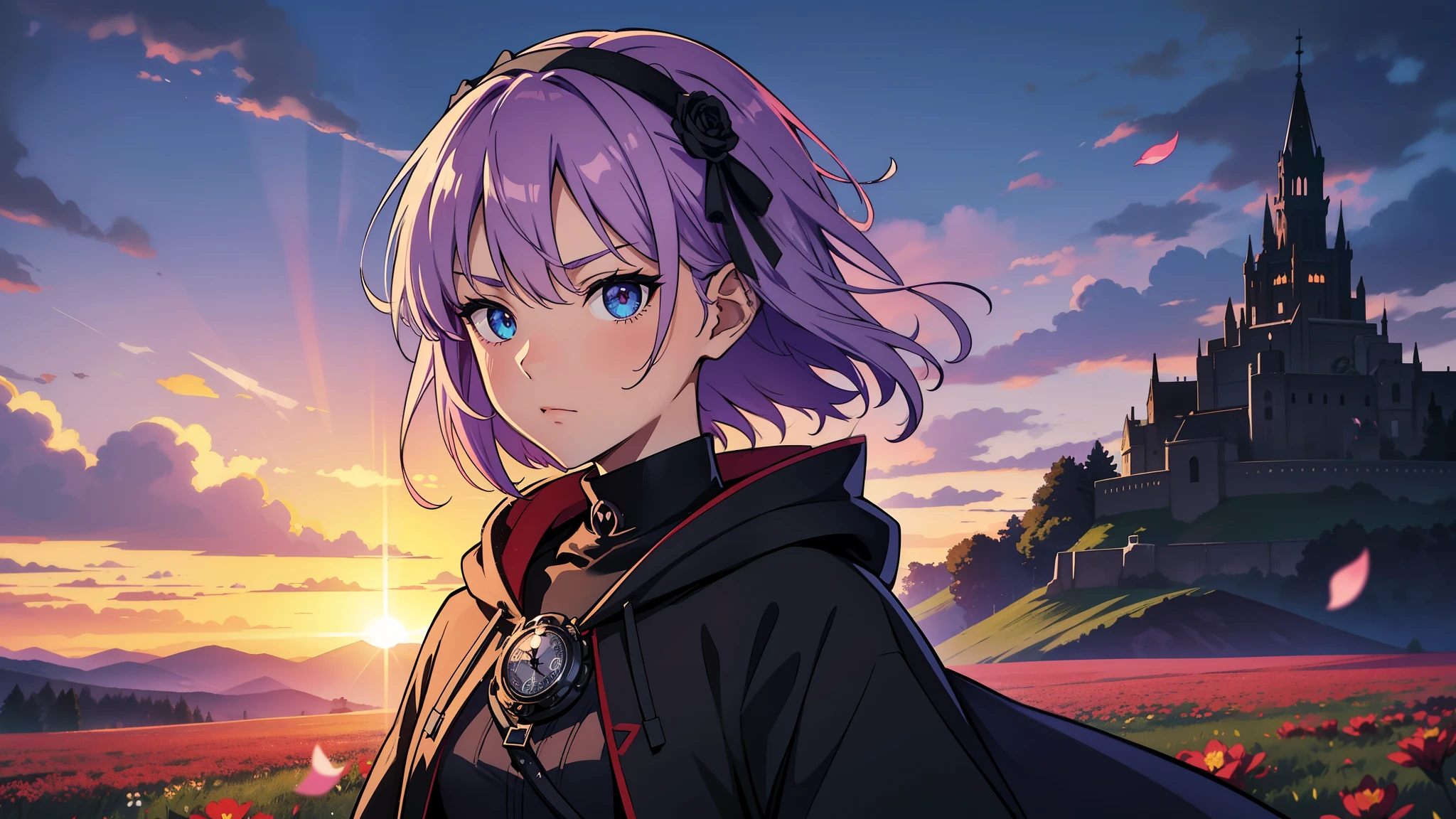 (high-quality, breathtaking),(expressive eyes, perfect face) 1girl, female, solo, teenager, light lavender purple hair, Heterochromia left red and right bluey eye color, short hair length, spiky hair, soft expression, shy, flower headband, flowers in hair, standing in a field of flowers, meadow field background, red flowers, sunset background, flower petals, light breeze, black turtle neck shirt, hooded long sleeved black cloak, hair short at the back and longer at the front, tattered clothing, gothic inspired, Skull Broch, grim reaper inspiration, pocket watch, magic fantasy attire, adventurer attire, headshot, zoomed out, portrait, Tomohiro Kai Art Style, Tomo Aizawa 
