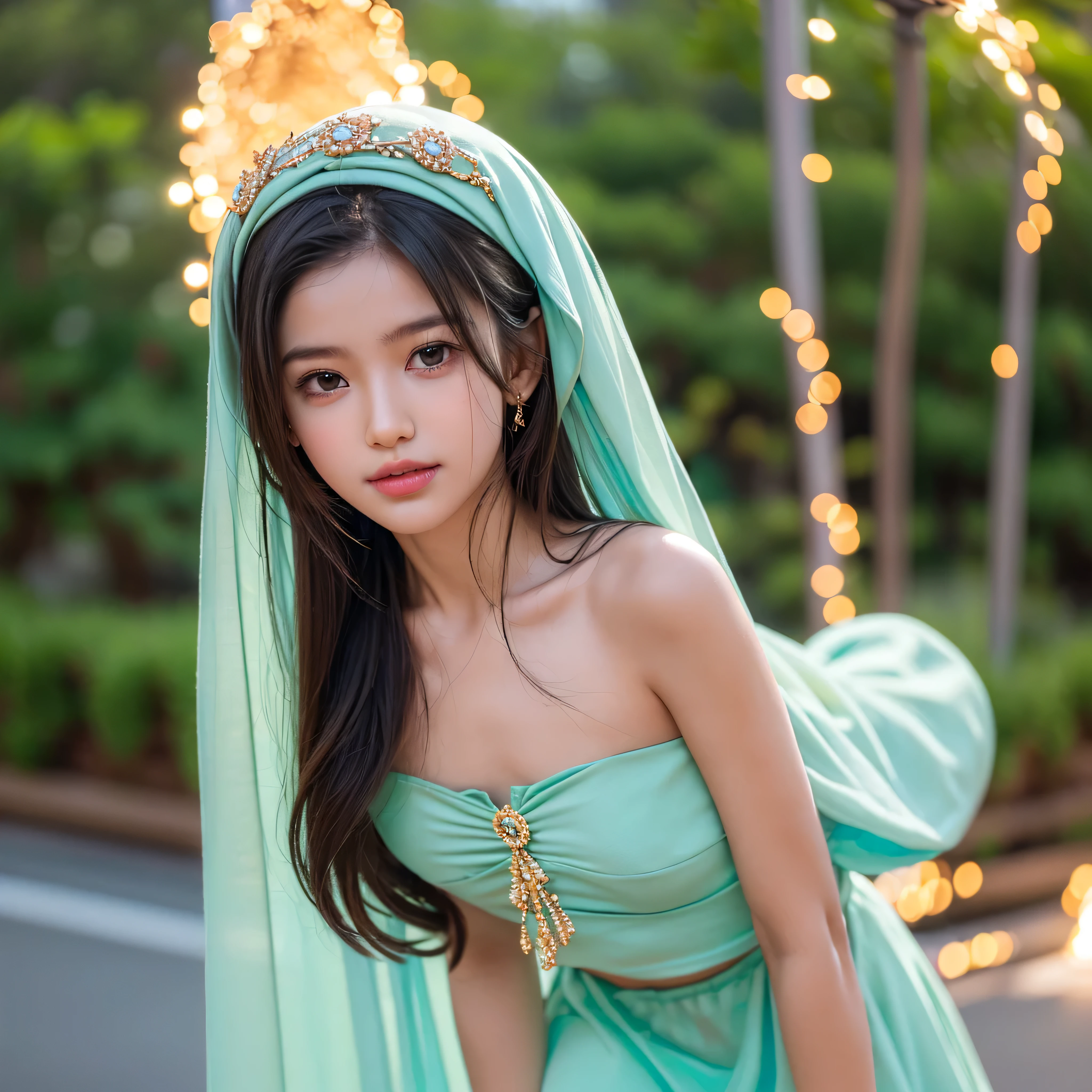 ((lady:1.5)), ((FLAT CHEST:1.6)), (Happy smile), (((HIJAB MALAY GIRL))), masutepiece, ultra High quality, 32K, Realistic face, Realistic skin feeling , female years old matured lady, , Very cute and baby-like face, (((FLAT CHEST))), (Night time at forest), ((look In front at the camera and SADNESS)), (((WHITE FLUORESCENT))), (((CUTE GIRL))), ((LIGHT GREEN FLUORESCENT LIPS)), ((Floral Pattern)) little wearing strapless, strapless colorful, dark night background , black forest night, horror scary place, (from behind up) seductive pose invoke fire elemental flmngprsn summon flame ablaze embers hearth beholder bright epiceye embers --v 6 --s 1000 --c 20 --q 5 --chaos 100
