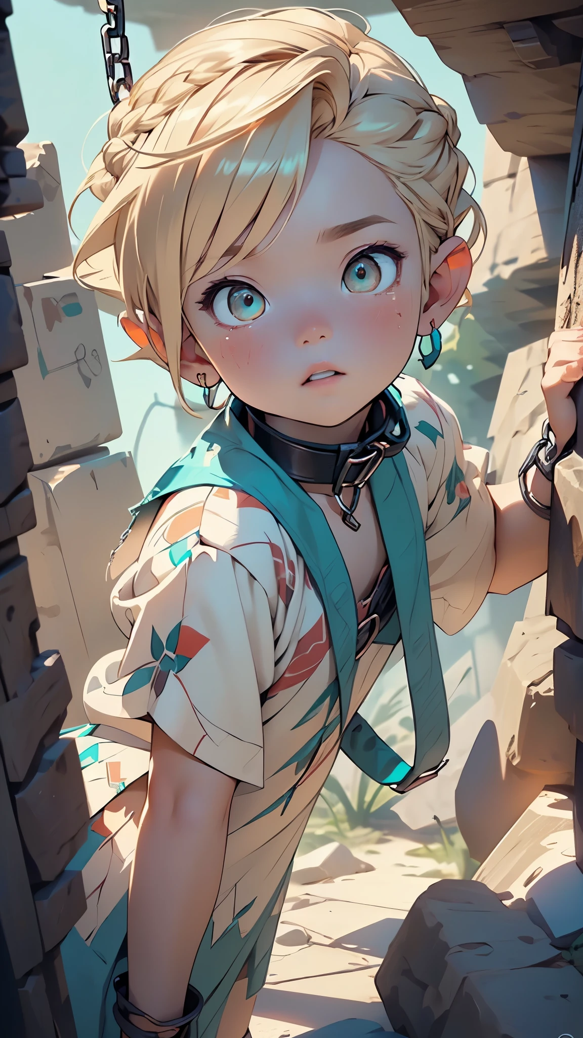 1,(1boy:1.5),13-year-old:1.5,teenager,femboy,Libido boy,Female physiognomy,elf,(elf ears), (blonde archer),
little boy,(((little boy,boy,???,??? only,,1boy,male gender))),
((blonde hair:1.5,short detailed hair,short blonde hair with a braid,braid adorned with white flowers)),(((turquoise_eyes:1.3))),intricate eyes,beautiful detailed eyes,symmetrical eyes,big eyes:1.5,child's chest,((??? body,a little chubby,good anatomy,accurate body proportions,detailed shota body for young boy:1.3,))),
crying,(nsfw),
(short turquoise mesh skirts),((brown wolf fur coat)),(bandages on his hands),(moon earrings),((turquoise panties with a wolf fur sarong brown)),(tiny bulge on panties),(ornamental bandages on his chest and arms),(((slave collar,Long chain leash connected to her collar,shackles))),(((torn clothes:1.5,intricate outfit,intricate clothes))),
(dynamic pose:1.0),embarrassed,(centered,scale to fit dimensions,Rule of thirds),
((deep in the dark cave)),scenery:1.25,((intricate scenery)),((deep dark cave in the background)),
(Glossy tribal ornaments),highres,sharp focus,(ultra detailed,extremely detailed),(photorealistic artwork:1.37),(extremely detailed CG unity 8k wallpaper),(((vibrant colors,vibrant theme))),(intricate),(masterpiece),(best quality),artistic photography,(photography taken by sldr),(intricate background),perfect rendered face,perfect face details,realistic face,photo realistic,((intricate detail)),(((realism))),