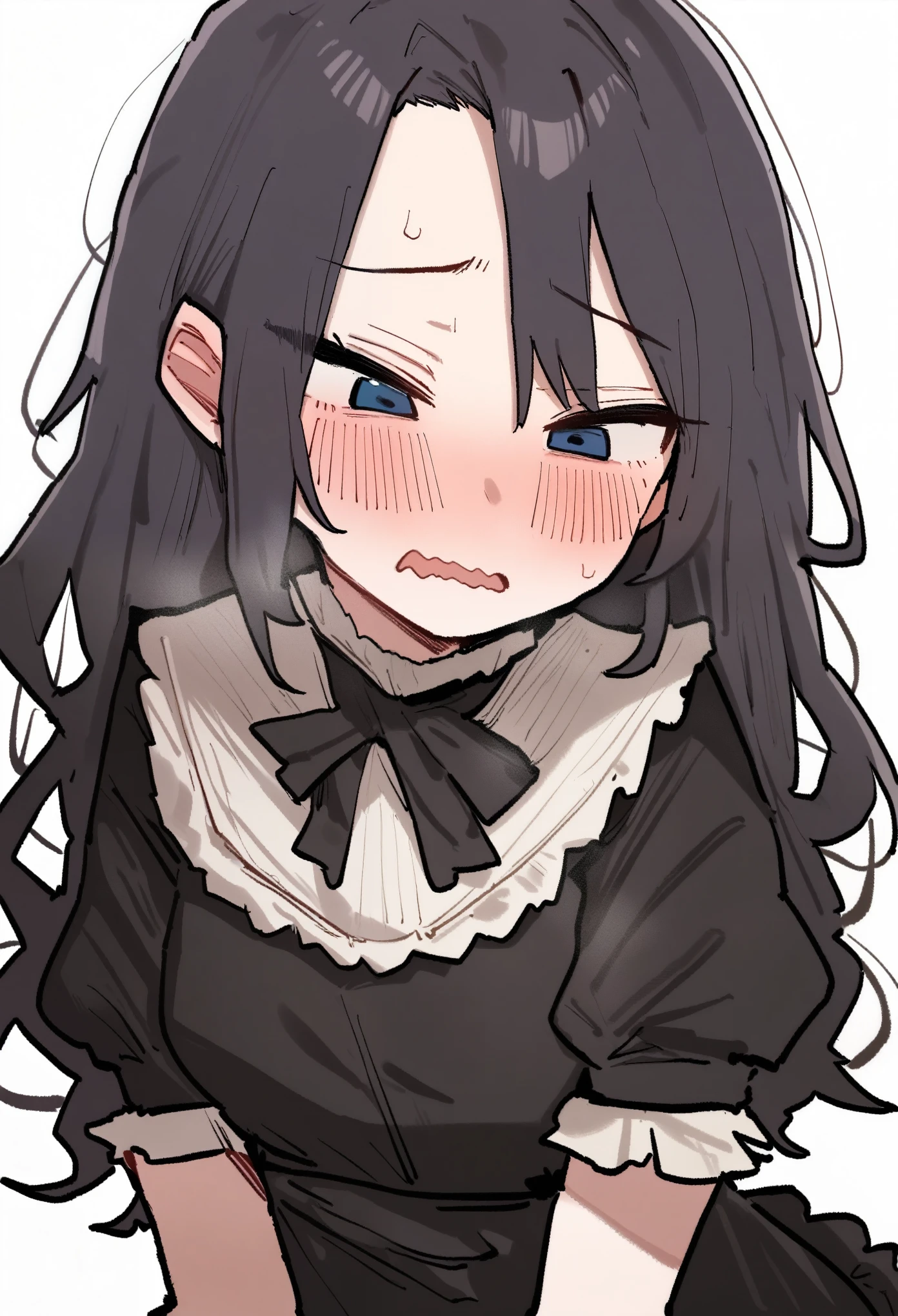 (by kobinbin:1.3), 1girl, masterpiece, best quality, very aesthetic, absurdres, ultra-detailed, zoom out, upper body, score_9, score_8_up, score_7_up, black hair, long hair, parted bangs, forehead, dark blue eyes, innexpressive, blush, embarrassed, wavy mouth, small breasts, upper body, victorian fashion, black dress, frilled dress, short sleeves, white background background
