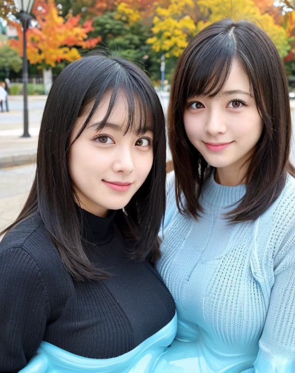 two girls,Embrace,knitted sweater jacket,(Big boobs:1.2),cleveage,穿Black underwear,black slime shapeshifter,looking at the audience,Smile, Black underwear、cleveage,Long hair ,Pretty Face,cute appearance,confident girl,Slime with melted lower body,In the park,There are many maple leaves,autumn,