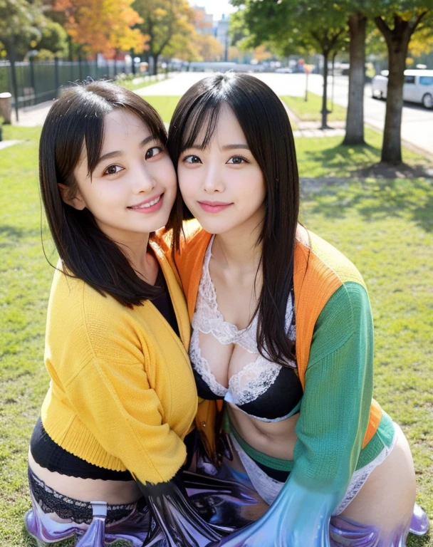 two girls,Embrace,knitted sweater jacket,(Big boobs:1.2),cleveage,穿Black underwear,black slime shapeshifter,looking at the audience,Smile, Black underwear、cleveage,Long hair ,Pretty Face,cute appearance,confident girl,Slime with melted lower body,In the park,There are many maple leaves,autumn,