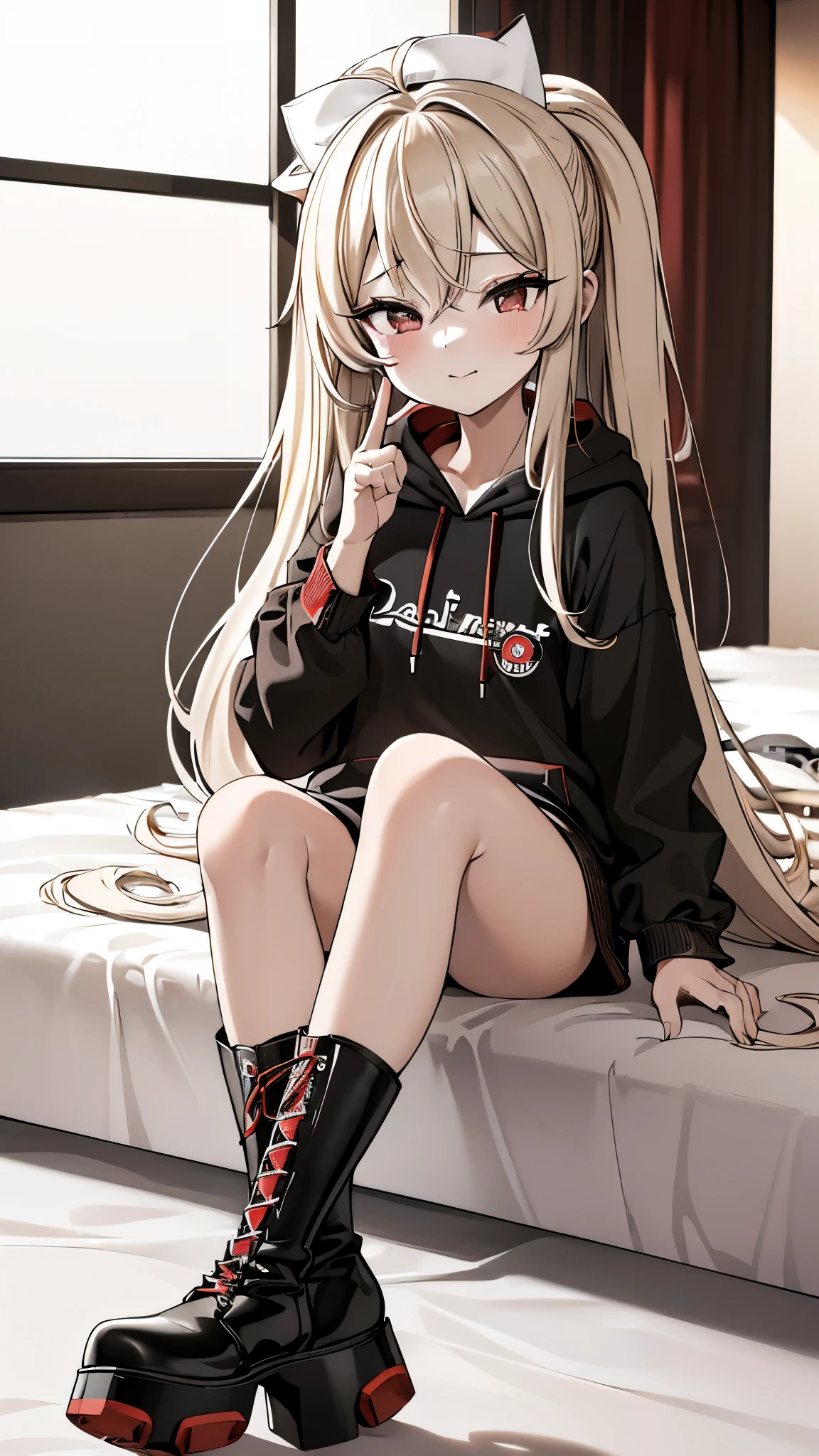 blonde、girl、Long Hair、ultra-detailed , best quality, high resolution, master piece ,beautiful eyes, cute、lovehotel,((((sitting on a bed)))), black and White hoodie、Red and black hoodie、White hoodie、((black platform boots))、perfect finger、(((boots focus))),the soles of the boots,floor on red carpet,