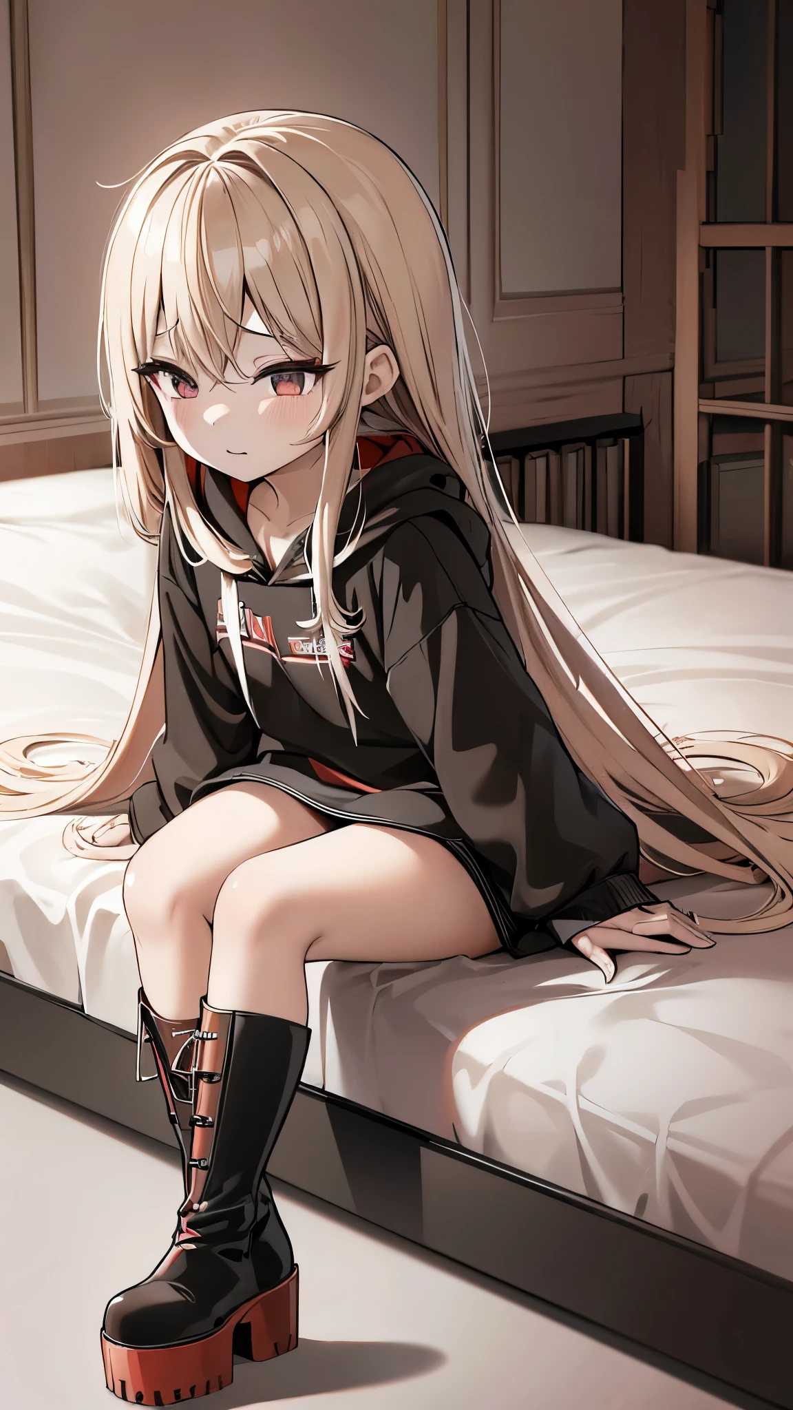 blonde、girl、Long Hair、ultra-detailed , best quality, high resolution, master piece ,beautiful eyes, cute、lovehotel,((((sitting on a bed)))), black and White hoodie、Red and black hoodie、White hoodie、((black platform boots))、perfect finger、(((boots focus))),the soles of the boots,floor on red carpet,