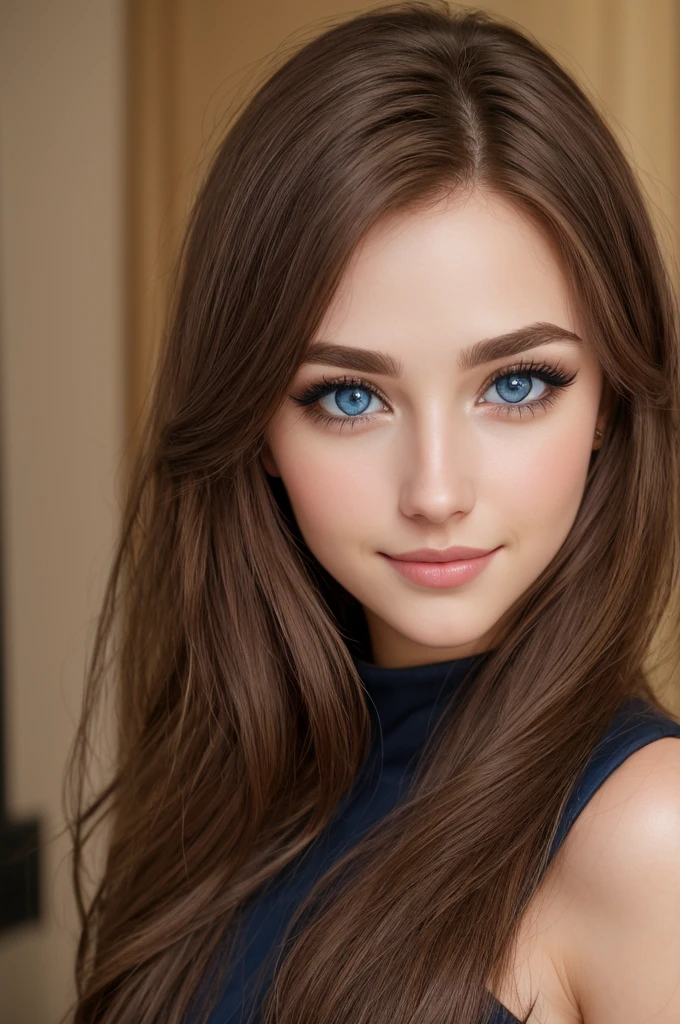 blue eyes, eyeshadow,eyelashes, pupils, eyebrows, nose, lips, smile, face, brown hair, long hair, 1girl, solo,black tight dress