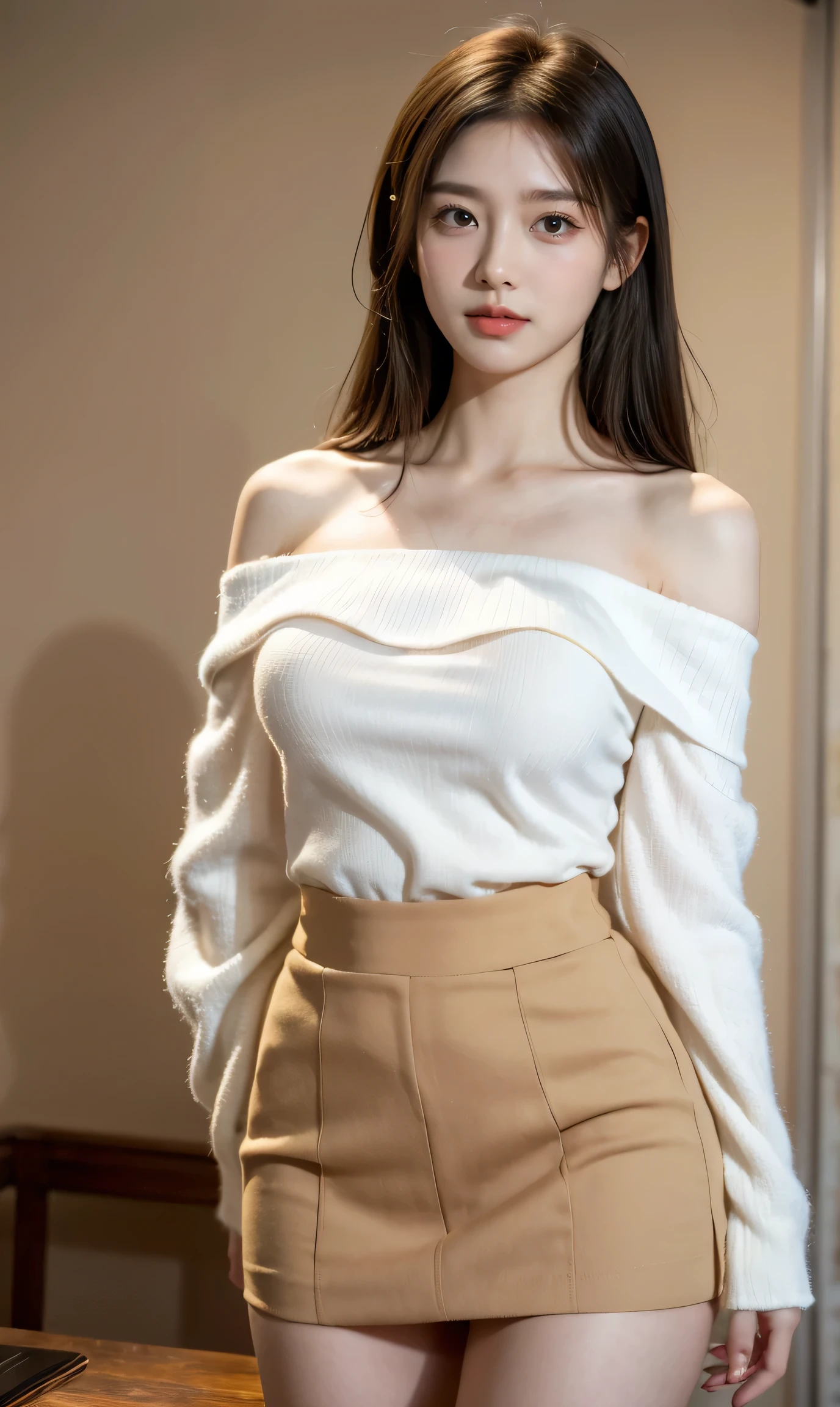 Ulzzang-6500-v1.1, (RAW Photos:1.2), (Realistic:1.4), Beautiful detailed girl, Very detailed eyes and face, Beautiful and fine details, Ridiculous, Incredibly ridiculous, Huge file sizes, Very detailed, High resolution, Very detailed, highest quality, Tabletop, ((off-the-shoulder white shirt)), figure, Very detailed, nffsw, Unified, 8K Wallpaper, wonderful, The finer details, Tabletop, highest quality, Highly detailed nffsw unity 8k wallpaper, Face Light, Cinema lighting, One girl, 16 years old, ((Very detailed)), ((Dynamic pose))), (Camel Toe), (half),((Troubled face)),skirt,((Drooping eyes)),