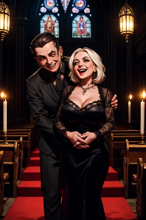 an old woman with the bearing of a madame in a velvet dress laughing wickedly with black eyes and lights and shadows in all art with a background of a Gothic interior church, Gothic