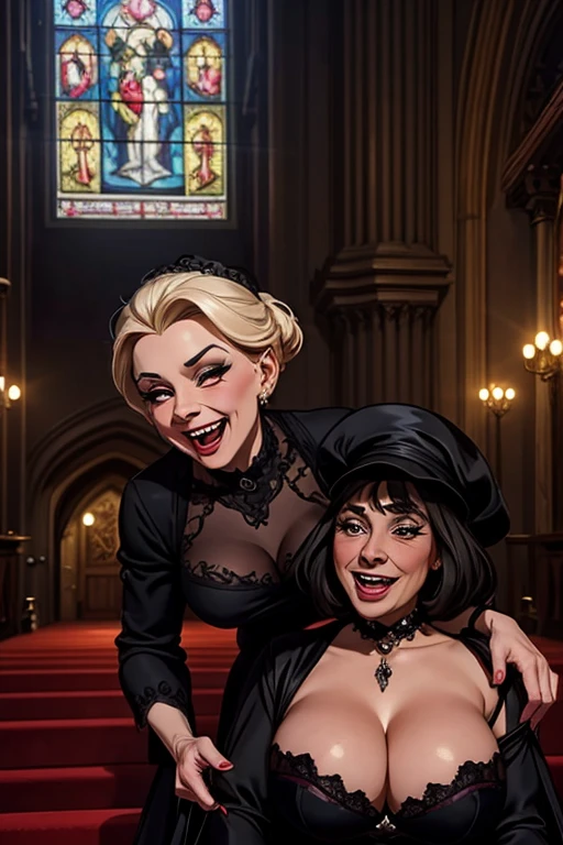 an old woman with the bearing of a madame in a velvet dress laughing wickedly with black eyes and lights and shadows in all art with a background of a Gothic interior church, Gothic