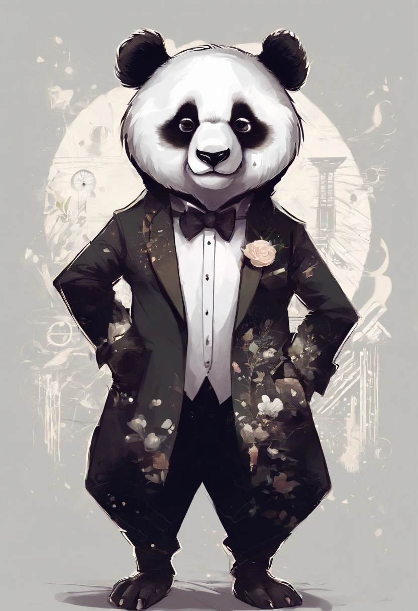 anthropomorphic panda, de cuerpo entero, vestido formalmente con un blazer, sostiene una bandeja, pegatina de panda, sticker de panda.