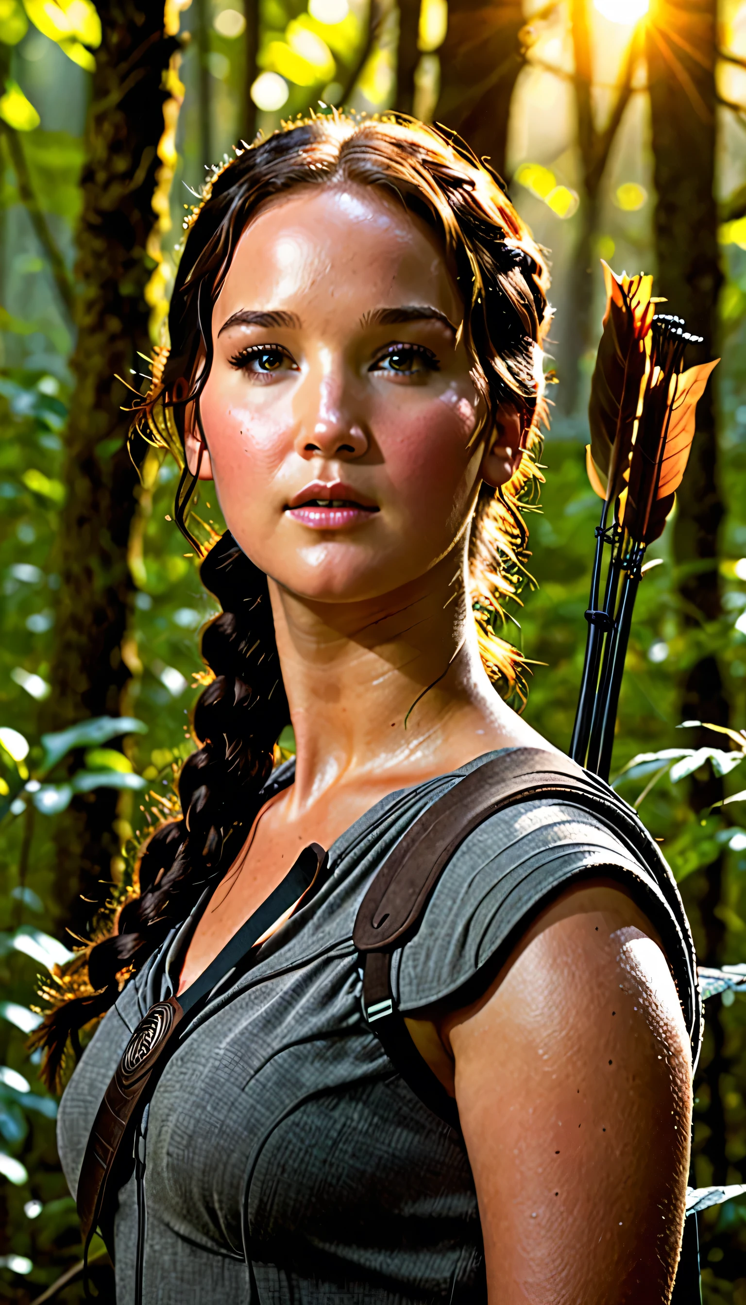 Katniss Everdeen, en medio de un bosque oscuro y frondoso. La luz del sol se filtra, creando un juego de luces y sombras sobre su rostro determinado y concentrado., una experta arquera. The environment is full of natural sounds, like the soft wind and the singing of birds, creating a mysterious and captivating atmosphere.