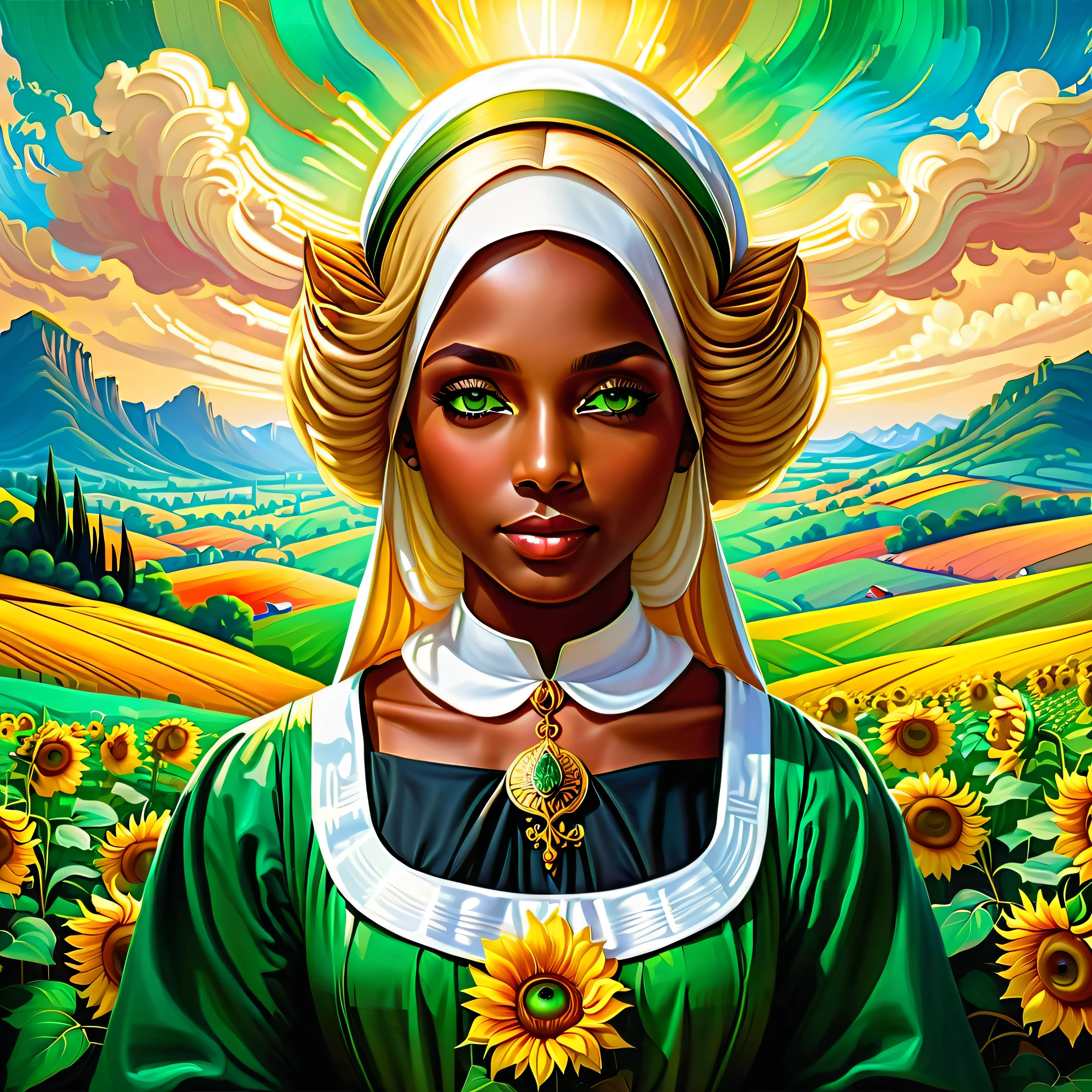 sunset,A two kid girl with embrace each other, blonde europe kid,{{{{epic masterpiece}}}}, {{{Super detailed}}}, {{{ultra high resolution}}}, {{good anatomy}}, (((max best quality))),((emerald eyes,brown hair)),{{Extremely detailed and refined}}, {32K xt3 64K CG epic wallpaper}, {{epic illustration}}, ((dark skin,african lady,dark brown skin)),((zoom in,bust,upper body shot,extreme close up to face,bigger eyeballs)),(long hair|Detailed hair|blunt bangs|shiny hair),(((nun))),(simple maid dress,long sleeves),(arch canthus,),cross_necklace,{{{solemn,emotionless,clam face}}},(mystry,mature,1 woman:1),small breasts, (Color difference:1.2),(church background),arms down,hands down, Blonde Nadia with ((fleuraison kindergarten)) and a choker rose, epic Mistress stunning dream vibrant DSLR colorful epic tmasterpiece extremely symmetrical meticulously intricate detailed ultra_high-resolution ultra_high-definition ultra_high-quality, saturate, reflection, epic micro ultra high-details,beautiful detailed landscape,bright sunlight,golden rays,summer colors,vibrant,warm tones,rolling hills,green meadows,fluffy clouds,gentle breeze,peaceful atmosphere,sunflowers in bloom,shadows and highlights,dappled light,impressionistic brushstrokes,texture and depth,harmony of colors,serene natural scene,tranquil beauty,functional perspective,blurred background,euphoric feeling,harmonious composition,instinctive brushwork,artistic expression,wispy clouds,glowing horizon,line and form,calm and soothing,pleasing to the eye, epic micro ultra high-details, varies multi etc. --v 6 --s 1000 --c 20 --q 5 --chaos 100