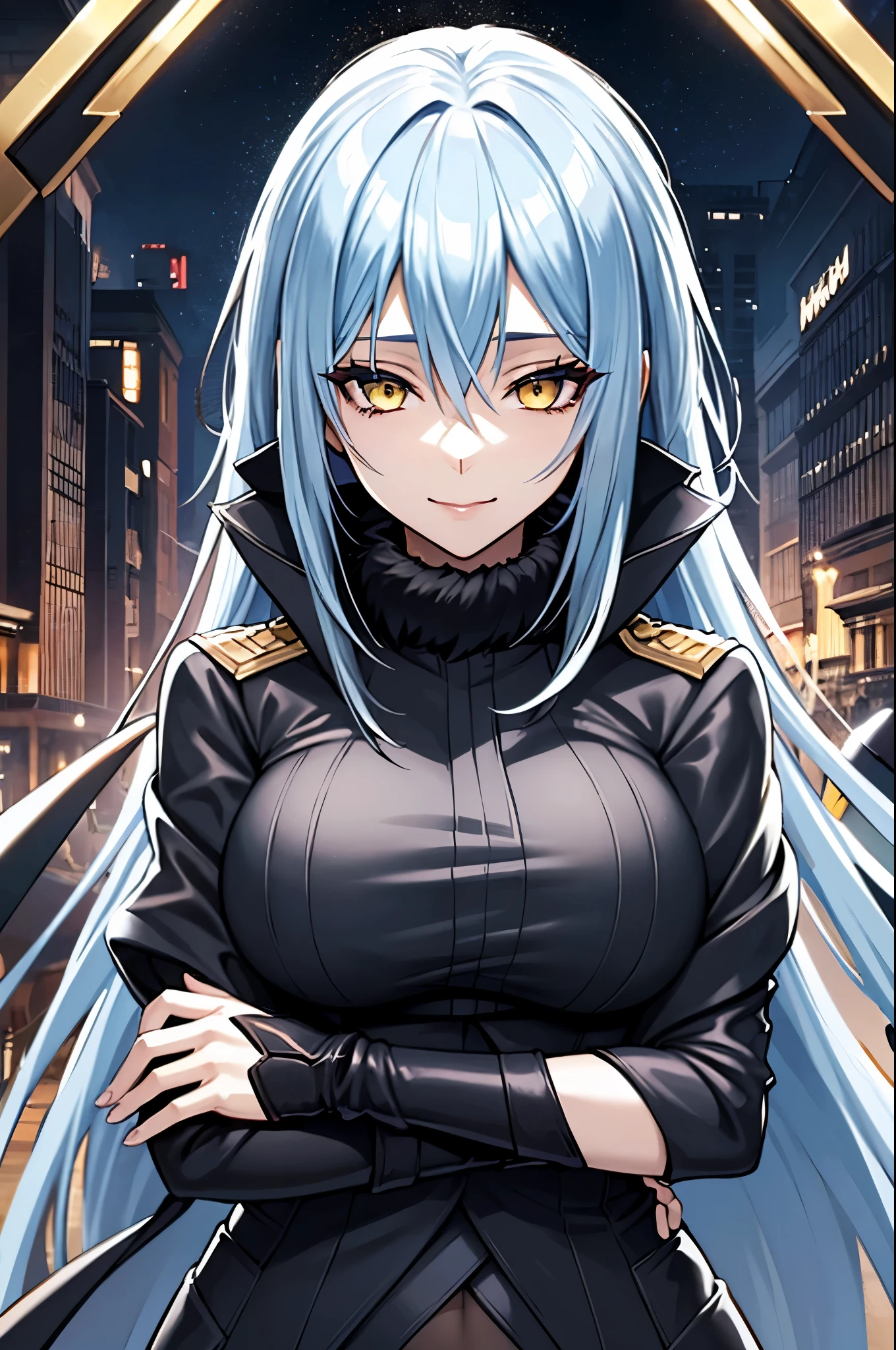 (masterpiece), best quality, expressive eyes, perfect face, highres, 1girl, solo, (female:1.5), (adult:1.5), lrd1, rimuru tempest, light blue hair, yellow eyes, black blouse, black jacket, fur trim, evil smile,  fingerless gloves, eyes full of hate, landscape, standing, upper body portrait, looking at the viewer