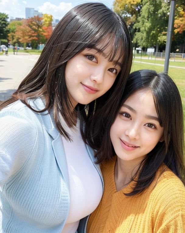 two girls，Embrace，knitted sweater jacket，（Big boobs：1.2），cleveage，穿Black underwear，black slime shapeshifter，looking at the audience，Smile， Black underwear、cleveage，Long hair ,Pretty Face，cute appearance，confident girl,Slime with melted lower body,In the park，There are many maple leaves，autumn，open your clothes