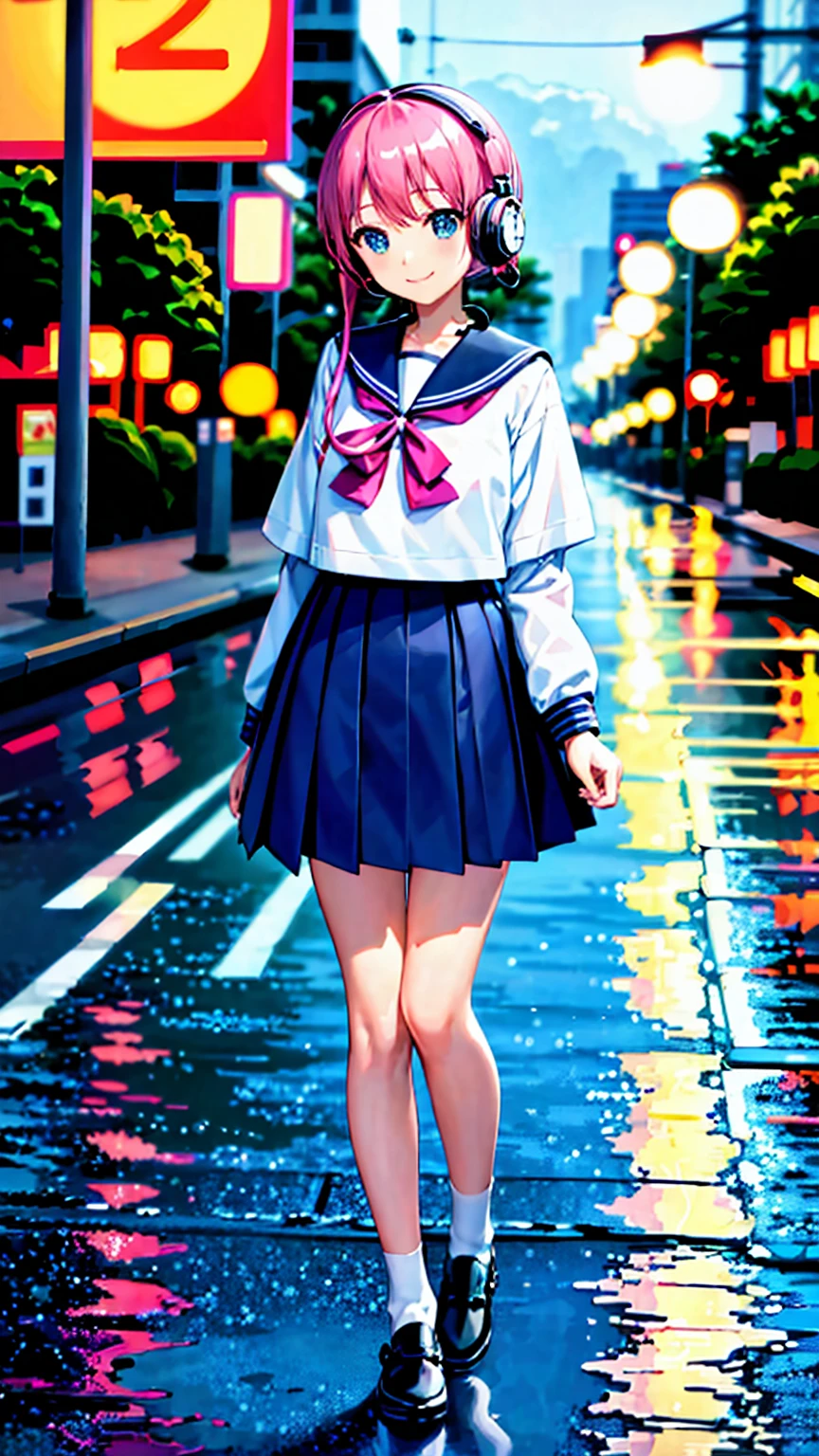 (masterpiece), (highest quality:1.4), (Ultra-high resolution:1.2), Ultra-detailed backgrounds, (unity 8k wallpaper),Shibuya Ward、City Pop、(Headphones:1.5)、masterpiece, (Beautiful girl alone:1.3), Incredibly absurd, Sailor suit,pedestrian crossing, Outdoor, rain, Tokyo, Walking while listening to music、Neon Light.high school girl、profile、Full body shot、slender、tall、7 heads、Small face、smile、oil art、Nostalgia、