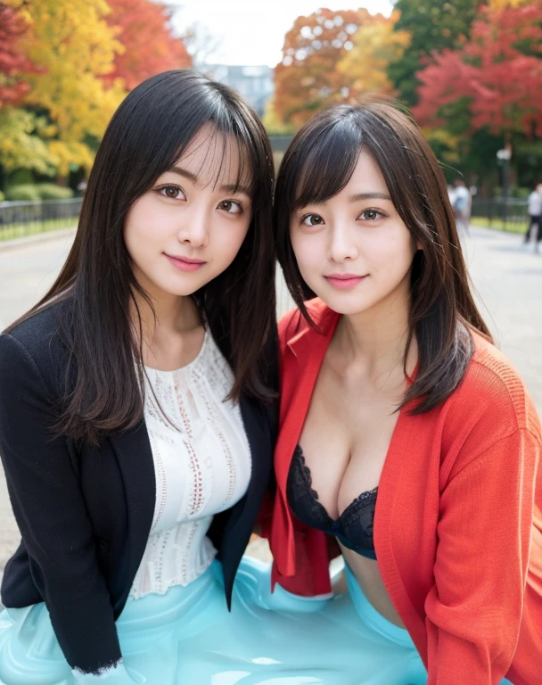 two girls,Embrace,knitted sweater jacket,(Big boobs:1.2),cleveage,穿Black underwear,black slime shapeshifter,looking at the audience,Smile, Black underwear、cleveage,Long hair ,Pretty Face,cute appearance,confident girl,Slime with melted lower body,In the park,There are many maple leaves,autumn,open your clothes