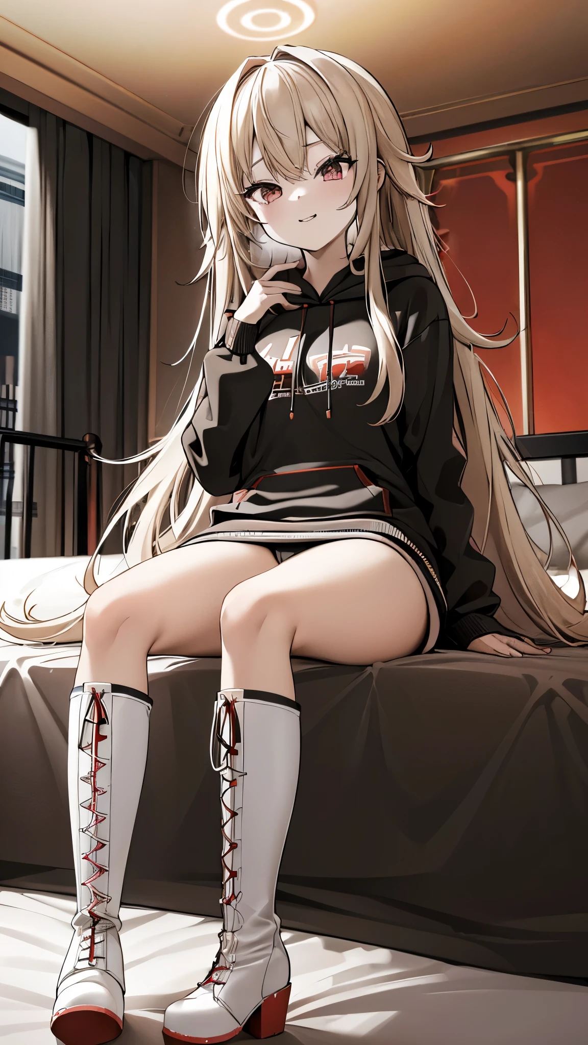 blonde、girl、Long Hair、ultra-detailed , best quality, high resolution, master piece ,beautiful eyes, cute、lovehotel,((((sitting on a bed)))), black and White hoodie、Red and black hoodie、White hoodie、((black platform boots))、perfect finger、(((boots focus))),the soles of the boots,floor on red carpet,