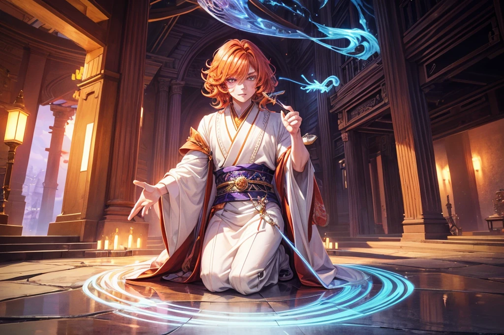 Young man, effeminate face, wizard, shapeshifter, short wavy orange hair, freckles, fluorescent violet eyes, Japanese , oriental, desert, marble castle, detailed face, detailed hair, full body, flower.