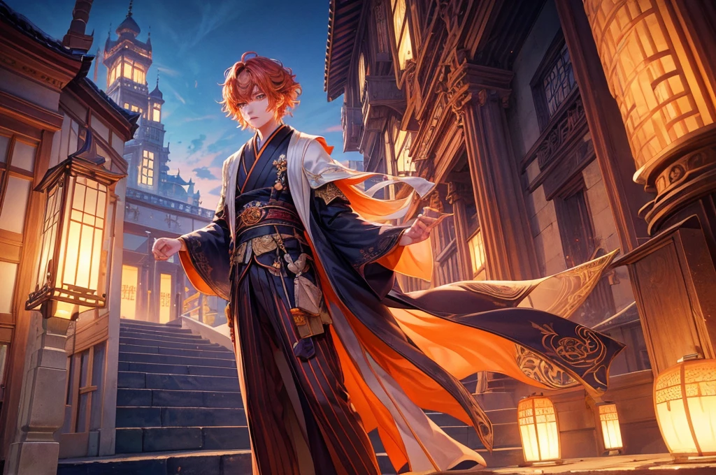 Young man, effeminate face, wizard, shapeshifter, short wavy orange hair, freckles, fluorescent violet eyes, Japanese , oriental, desert, marble castle, detailed face, detailed hair, full body, flower.